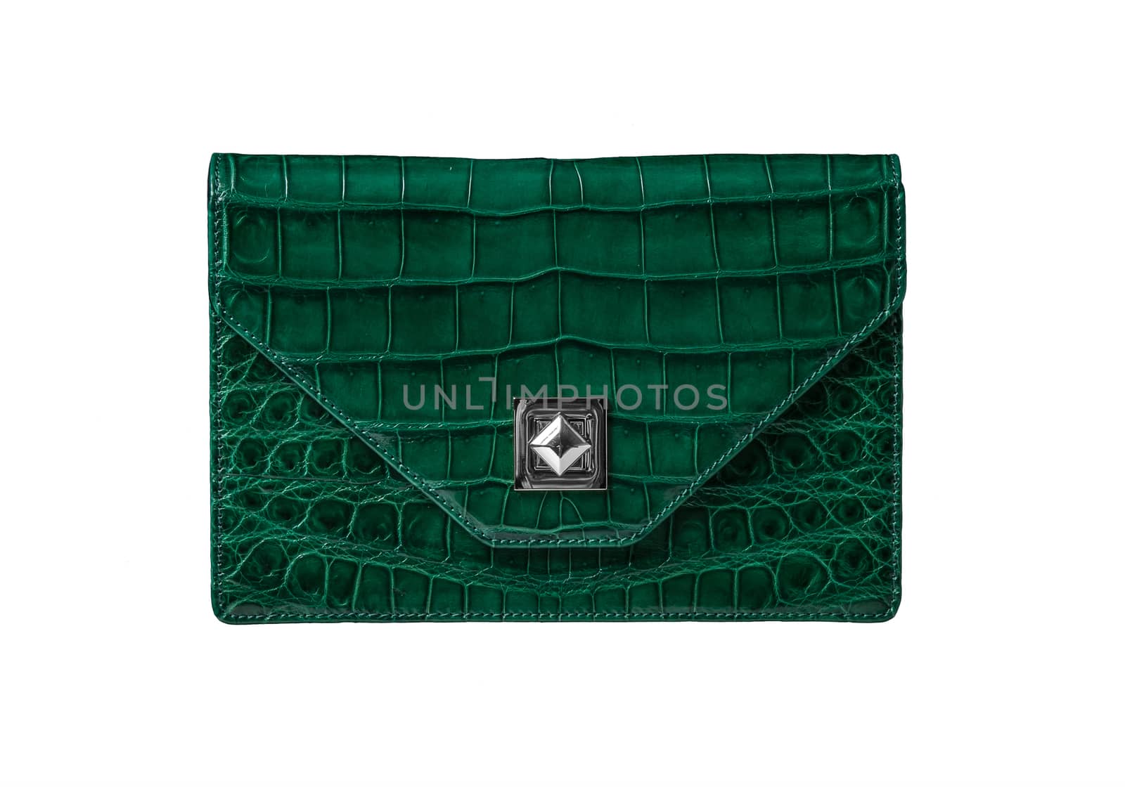 Handbag from alligator leather, hide in green colour on white background no brand