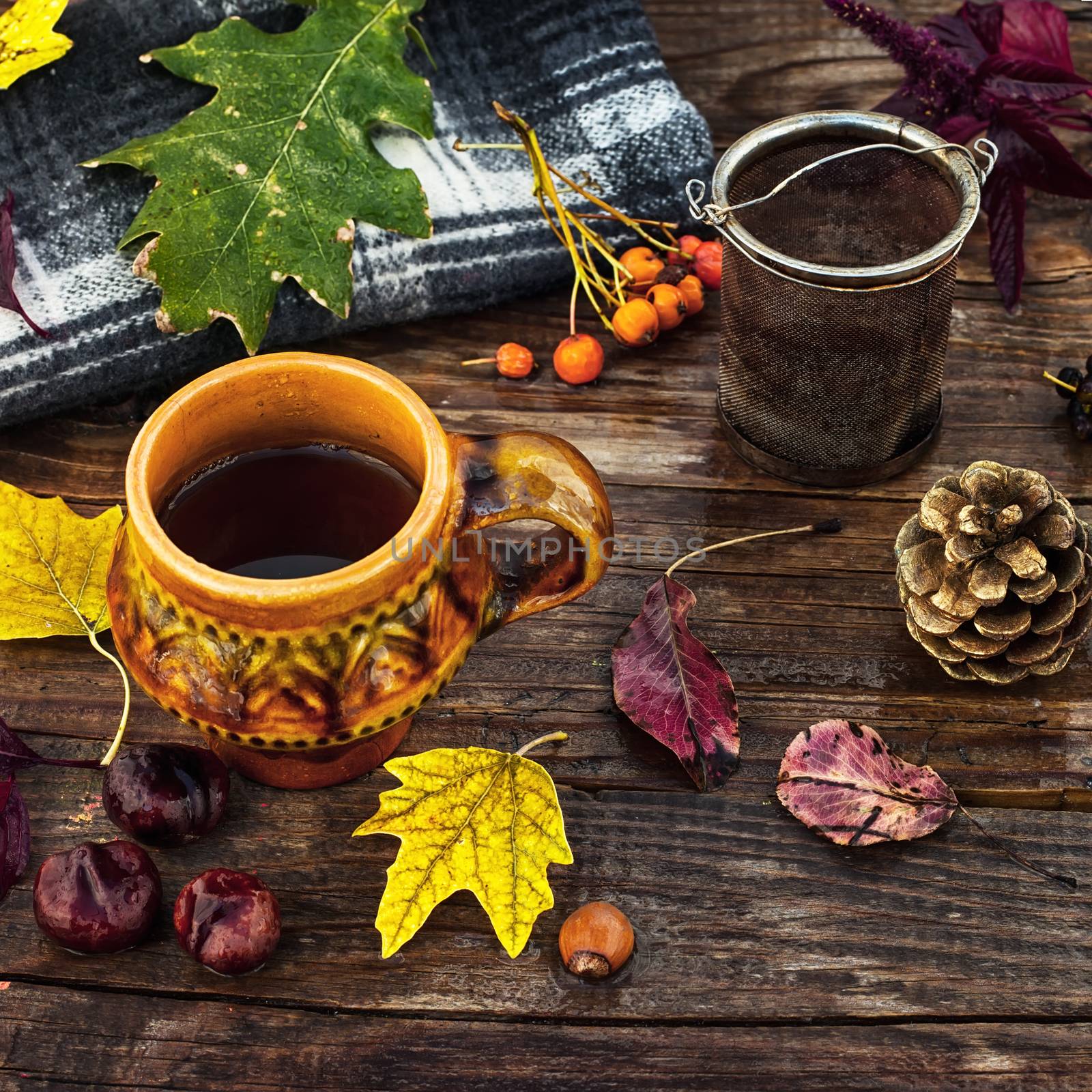 Cup of tea on the table strewn with autumn leaves and warm blanket