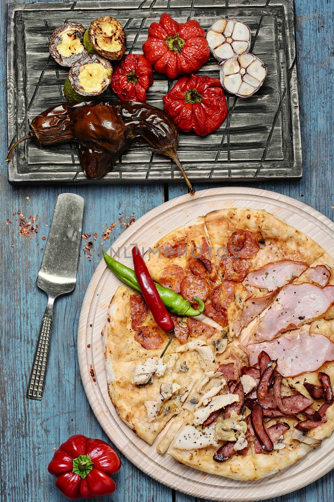 Pizza with beef and roasted red pepper with eggplant