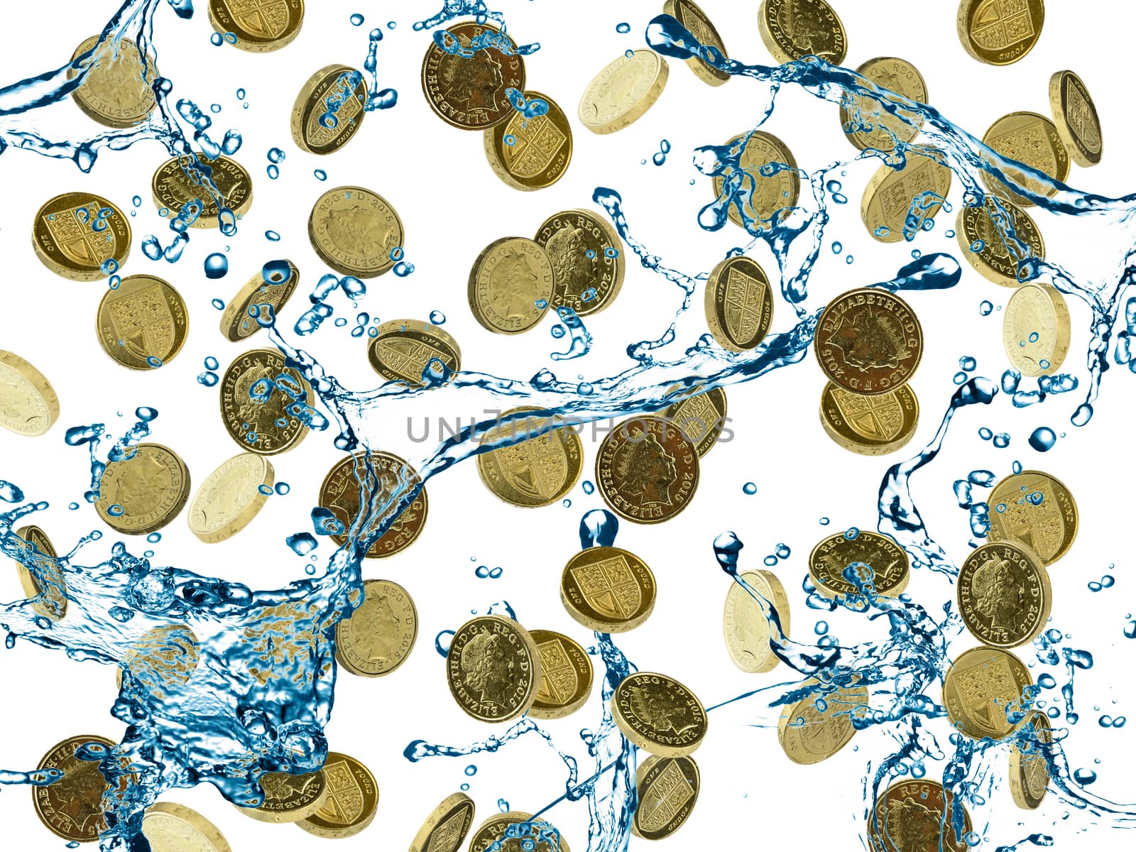 Falling UK Coins isolated on white background against water splash.