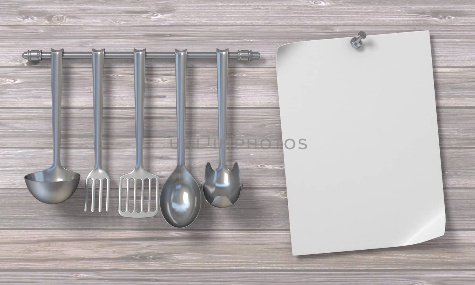 Blank paper with kitchen utensils 3D render illustration on wooden background