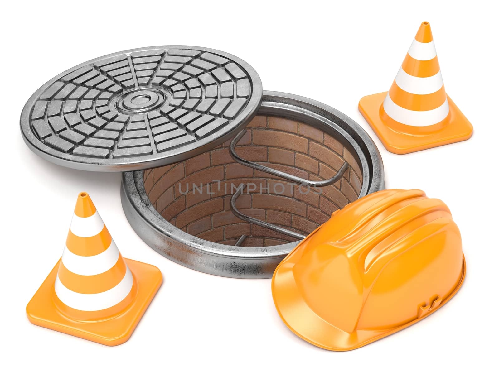 Manhole, traffic cones and safety helmet. 3D by djmilic