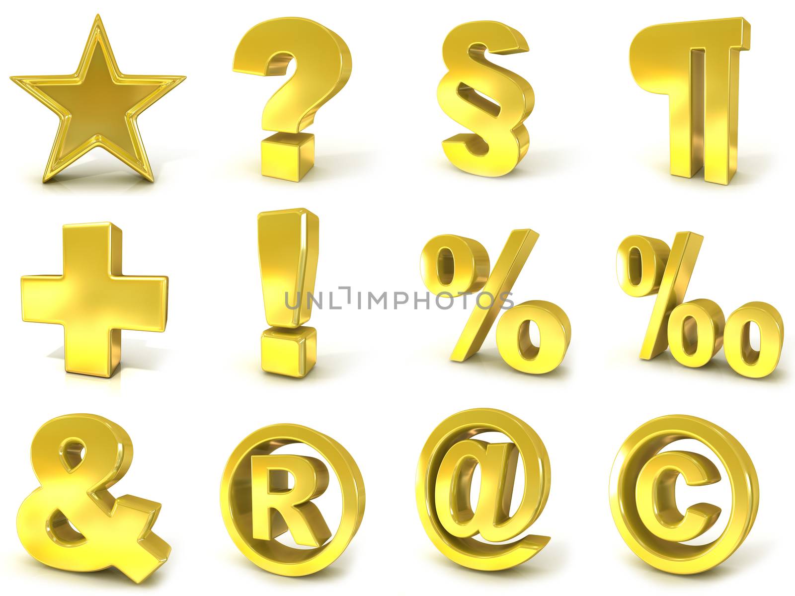 3D golden signs and symbols render illustration isolated on white background