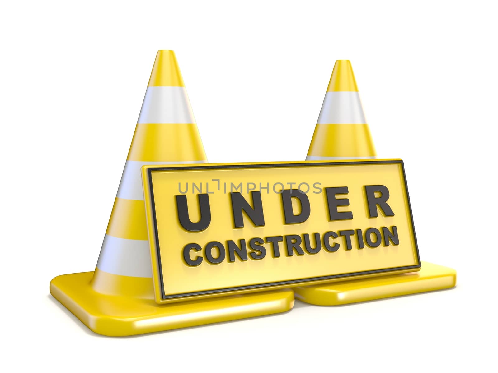 Yellow UNDER CONSTRUCTION sign and two road cones. 3D render illustration isolated on white background