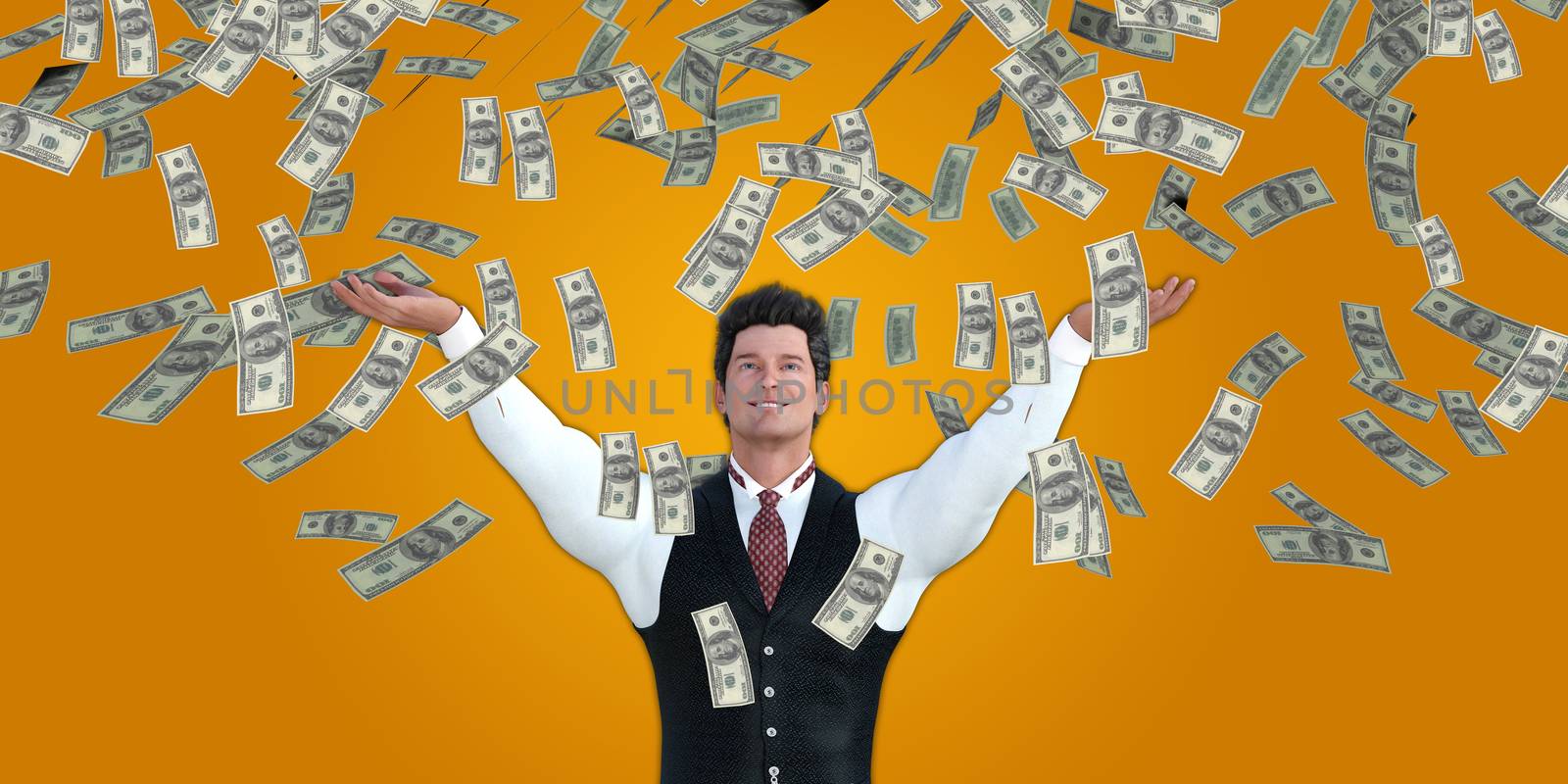 Corporate Business Man Catching Money Falling From the Sky in US Dollars