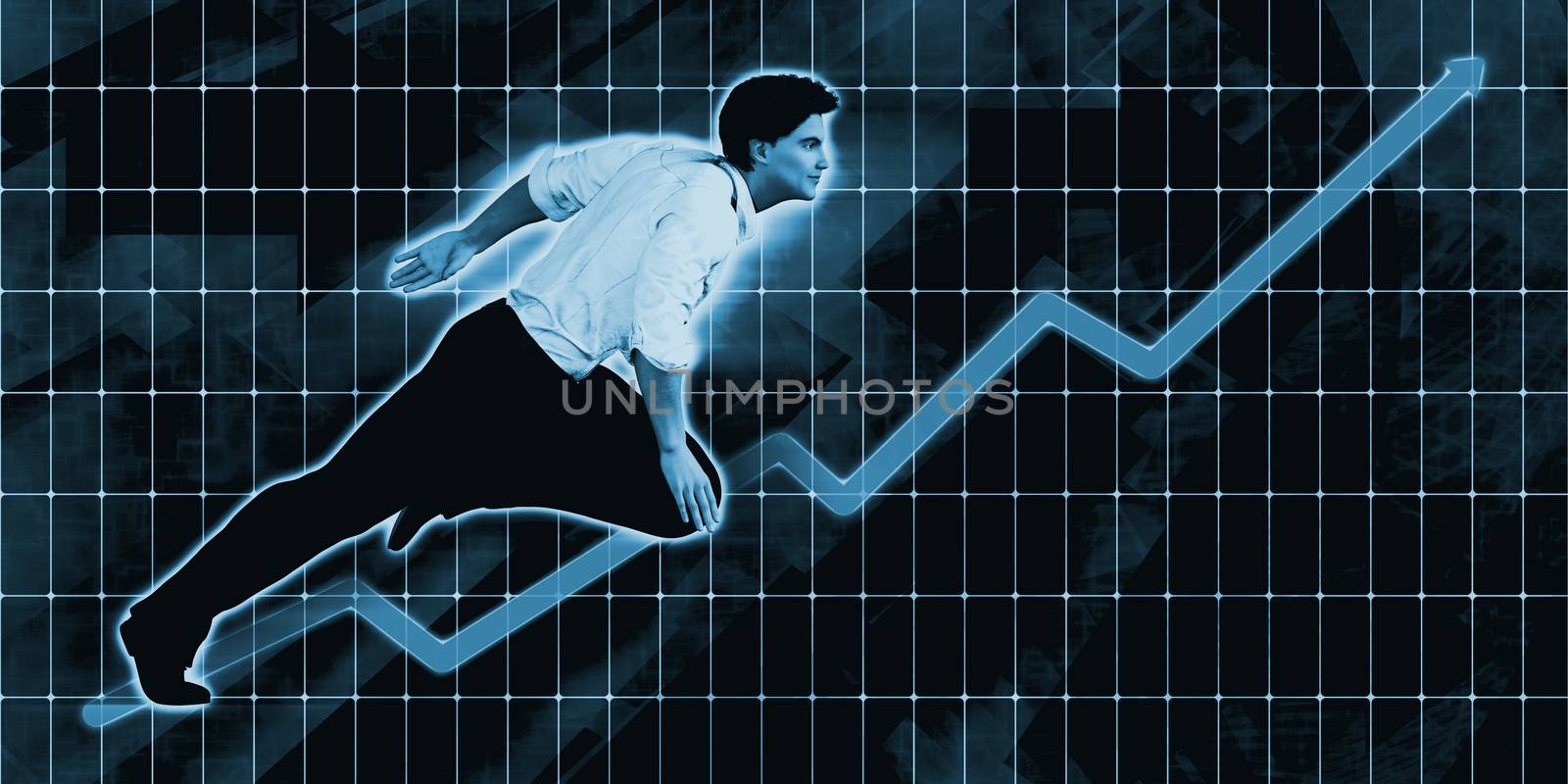 Caucasian Businessman Charging Ahead on Blue Background Art