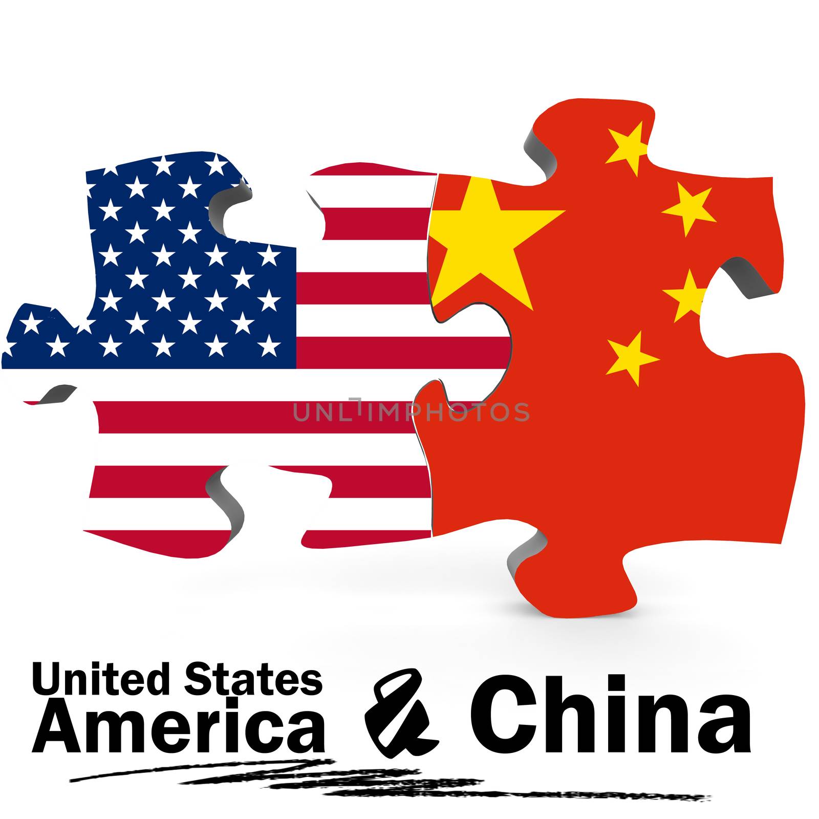 China and United States Flags in puzzle isolated on white background, 3D rendering