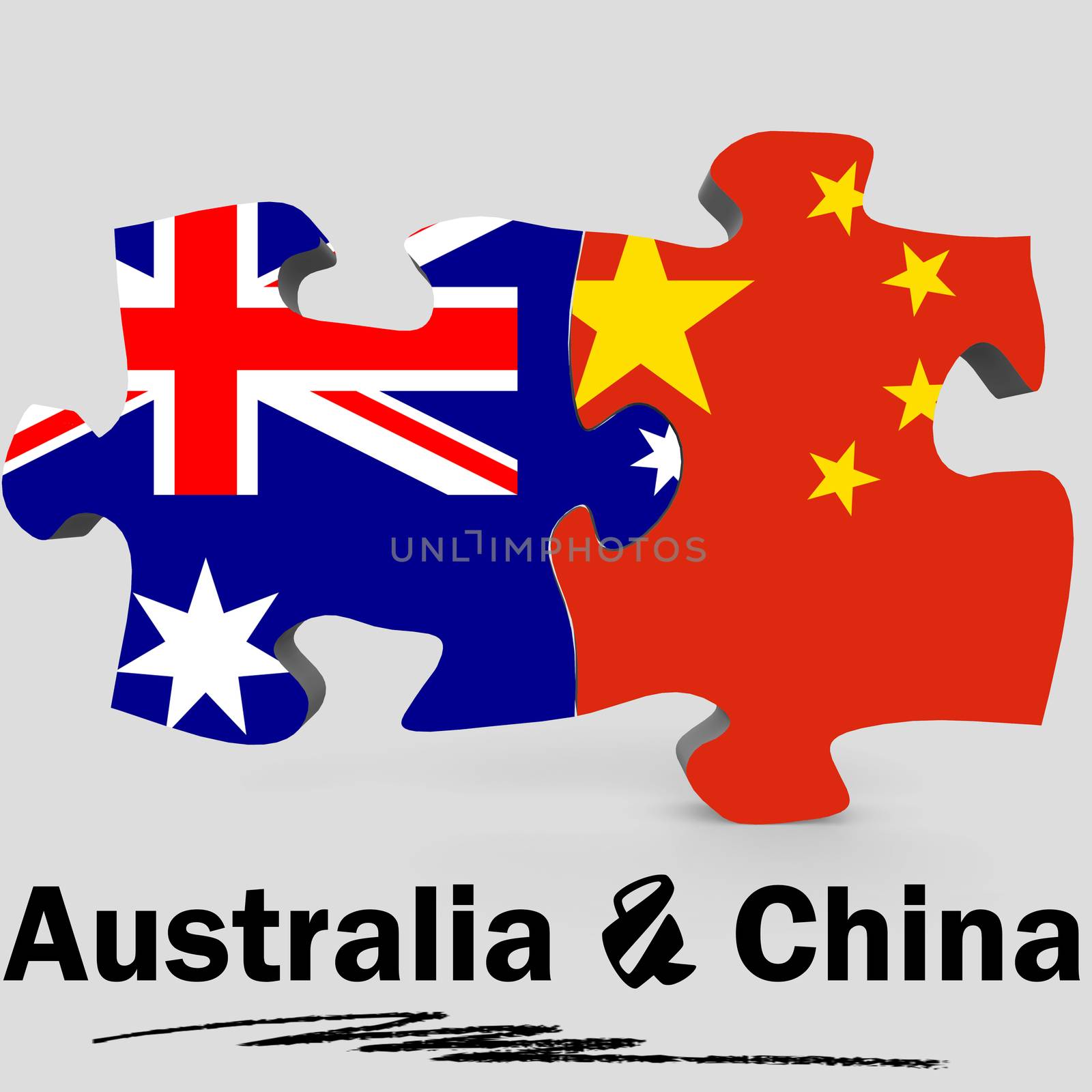 China and Australia Flags in puzzle isolated on white background, 3D rendering