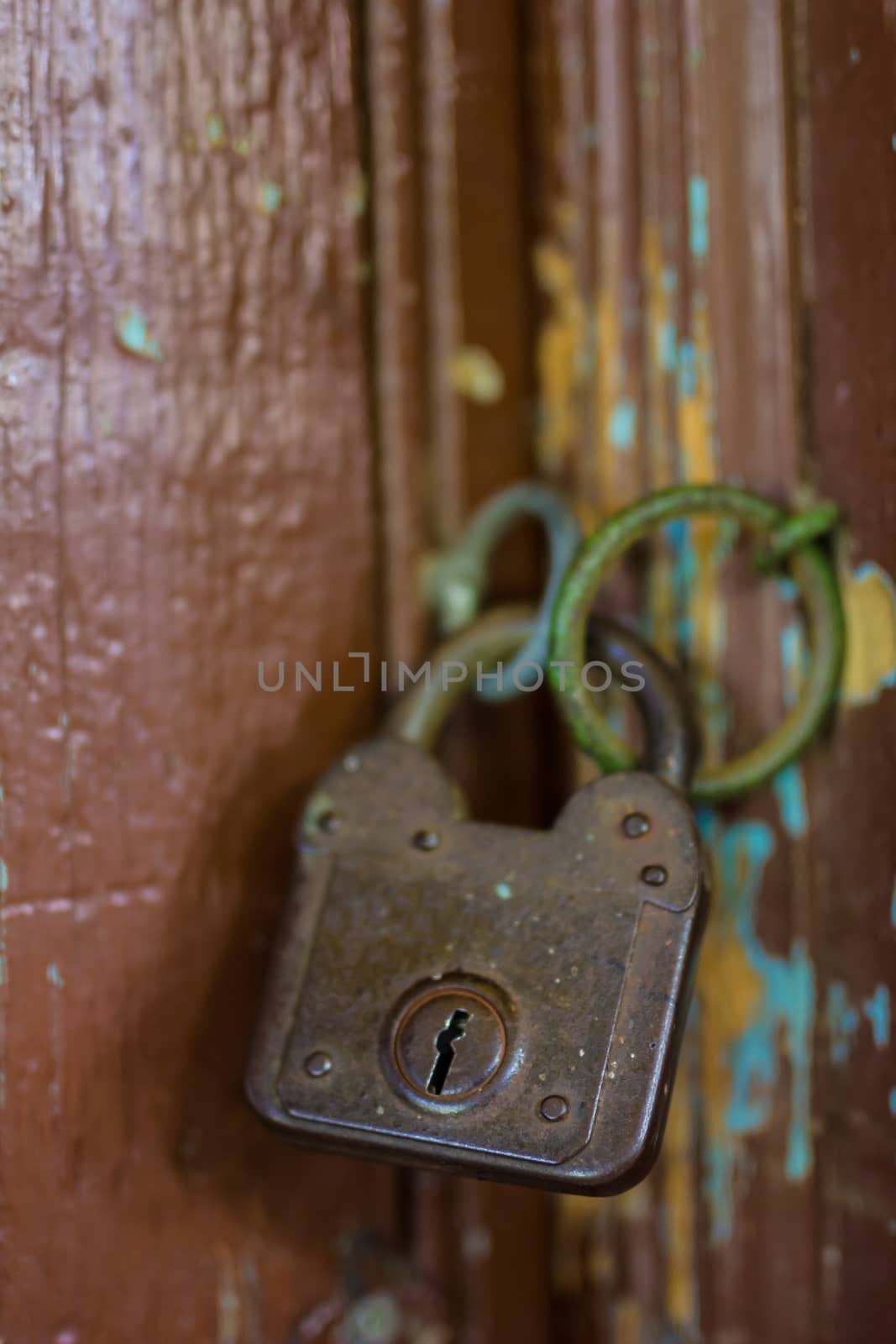 Old rusty lock on the wooden gate