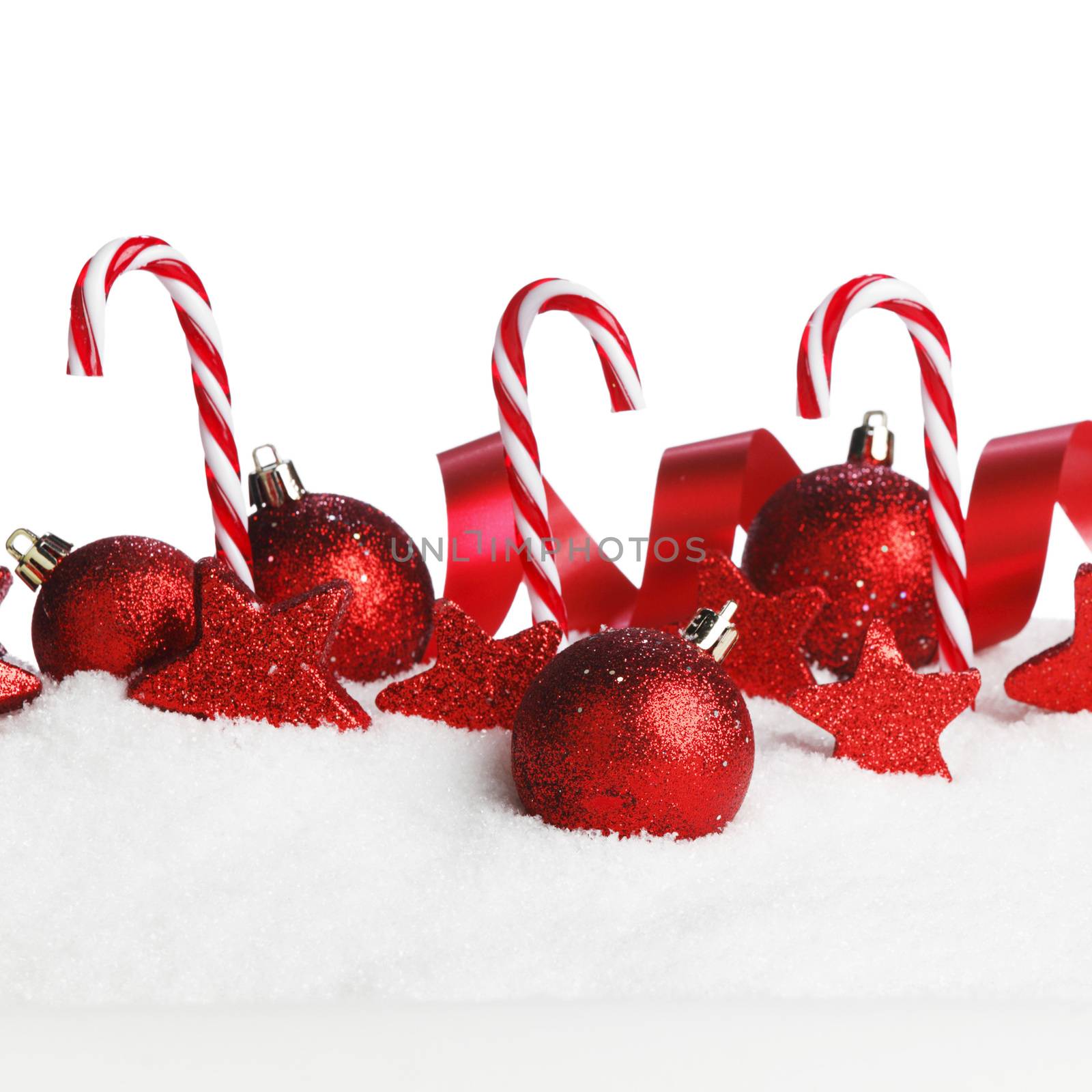 Beautiful red christmas decor on snow