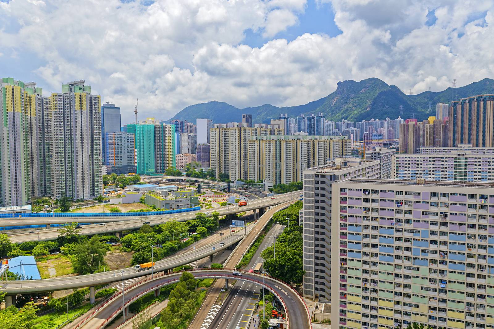 hong kong public estate buildings with landmark lion rock