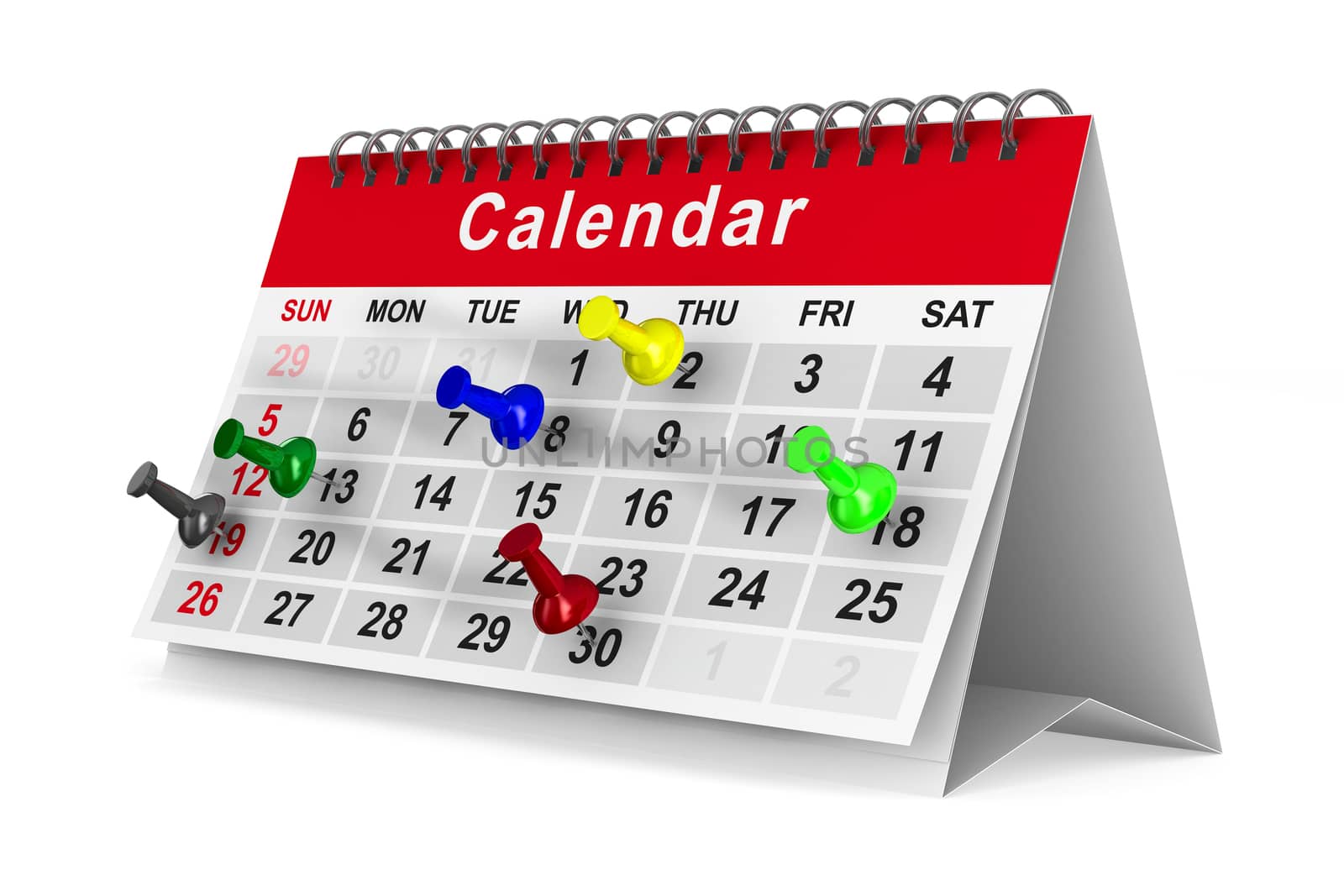 Calendar with pins on white background. Isolated 3D image