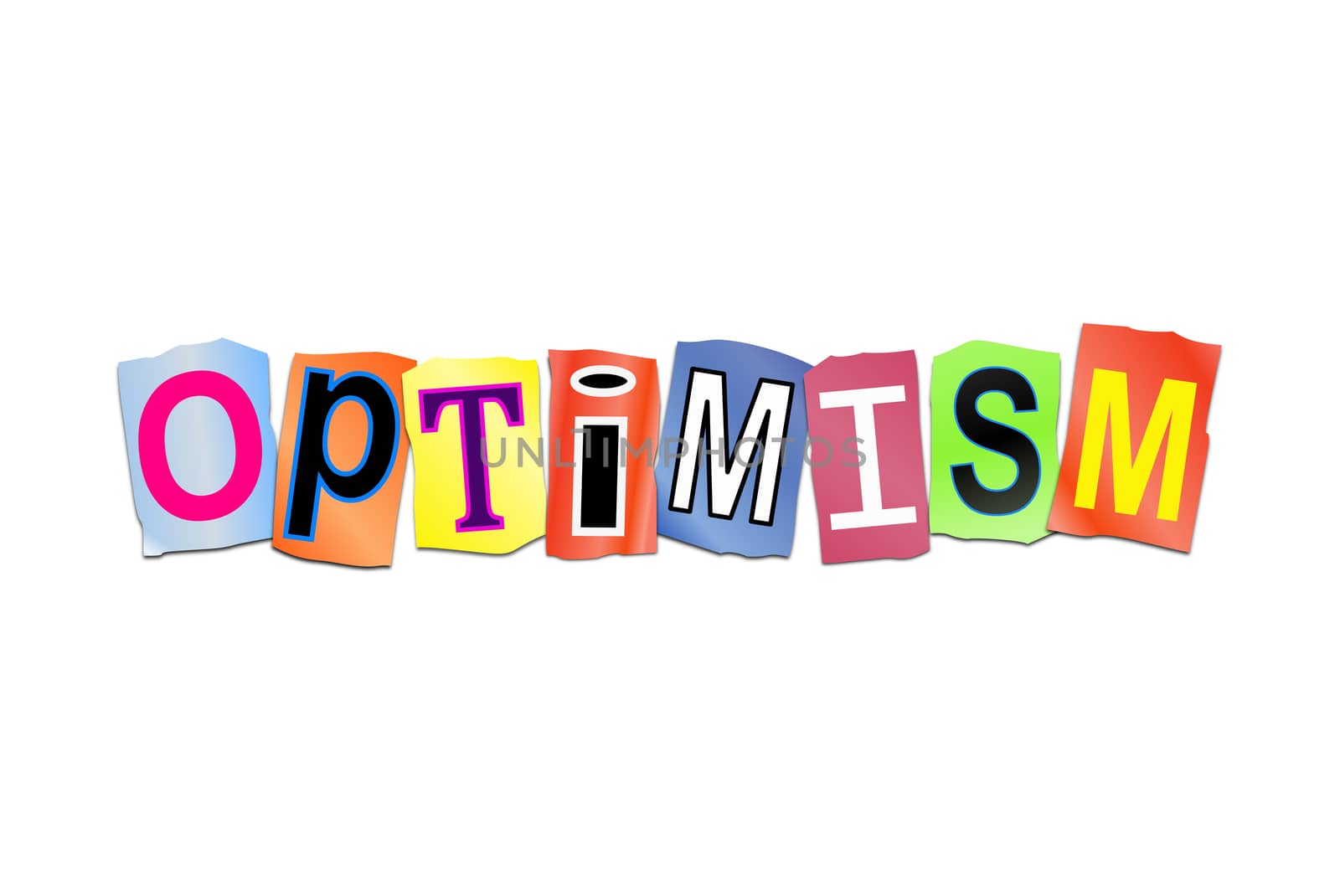 Illustration depicting a set of cut out printed letters arranged to form the word optimism.