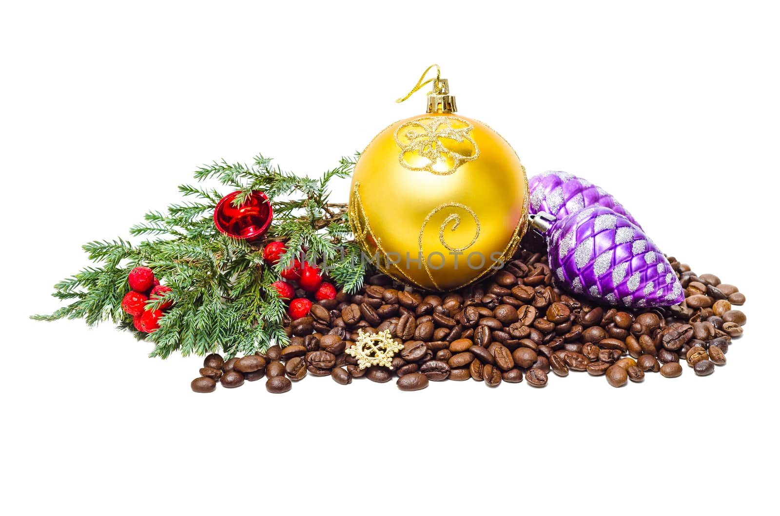 Christmas coffee beans, on a white background. Branch of juniper and holiday decorations.
