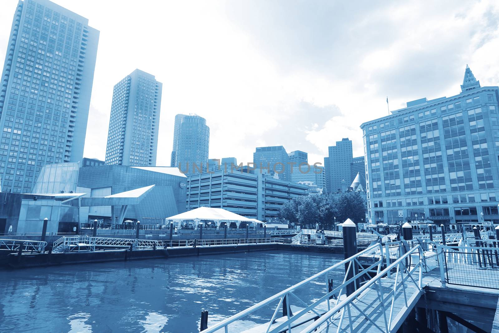 BOSTON SEPT 9: Boston Harbor and Financial District in blue toni by dacasdo