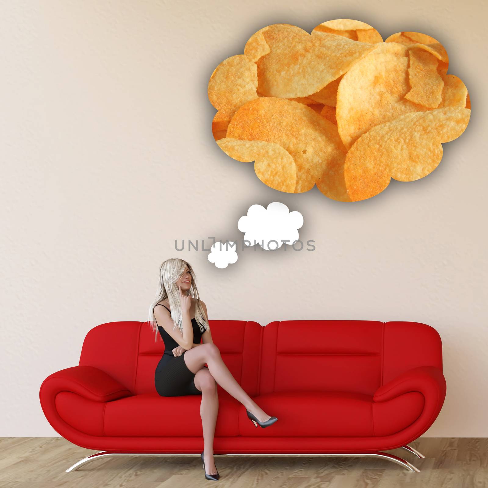 Woman Craving Potato Chips and Thinking About Eating Food