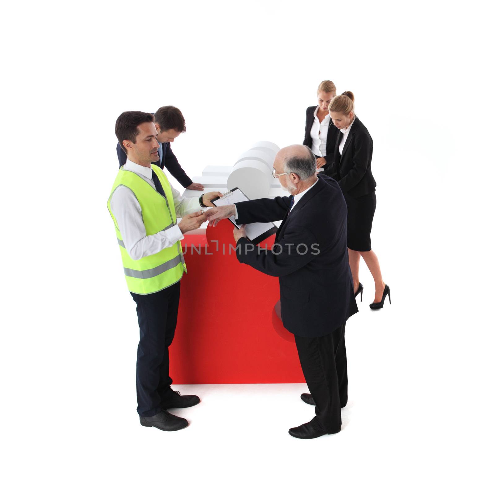 Group of business people recieving jigsaw puzzle of business isolated on white background