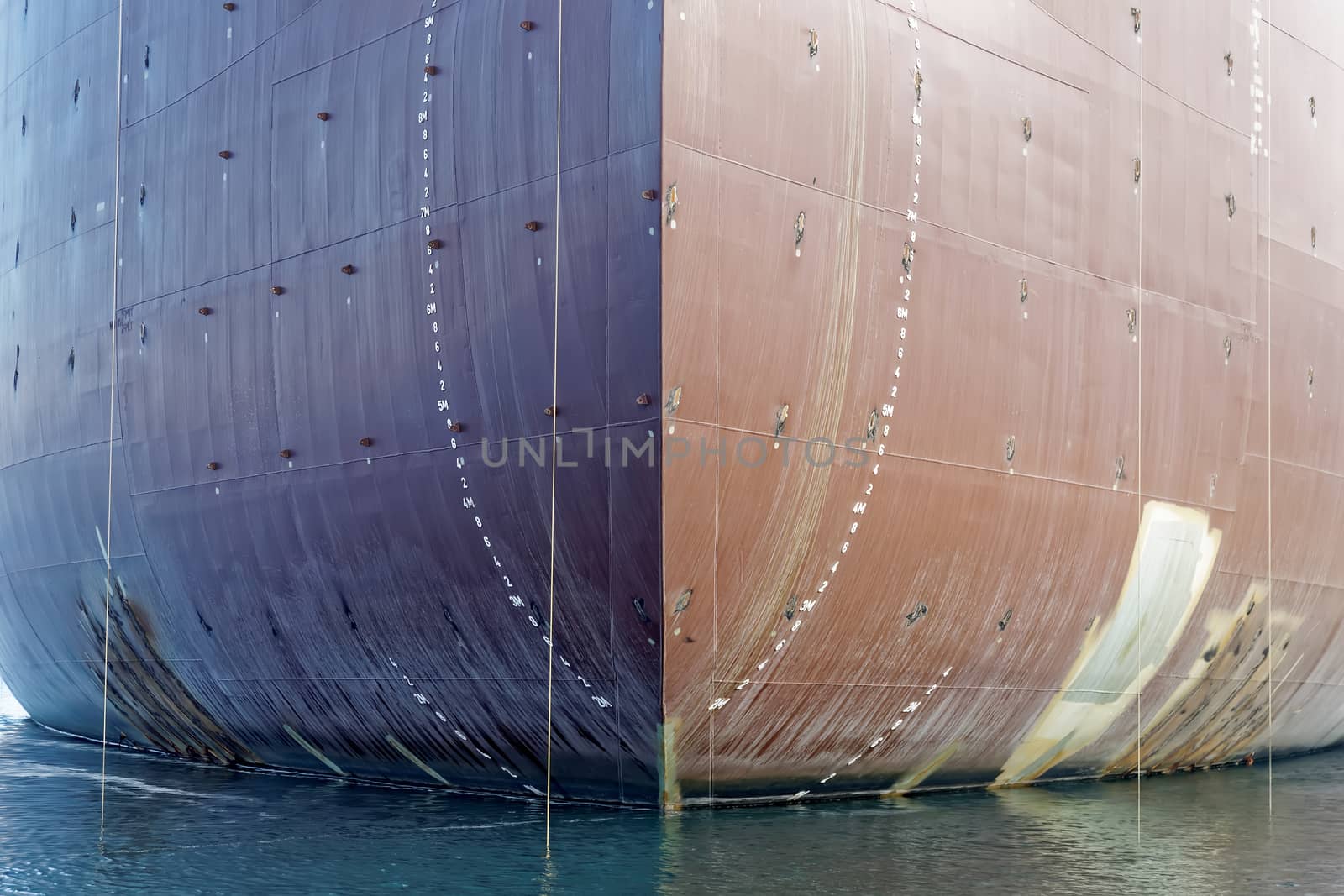 prow of cargo ship in shipyard, front view