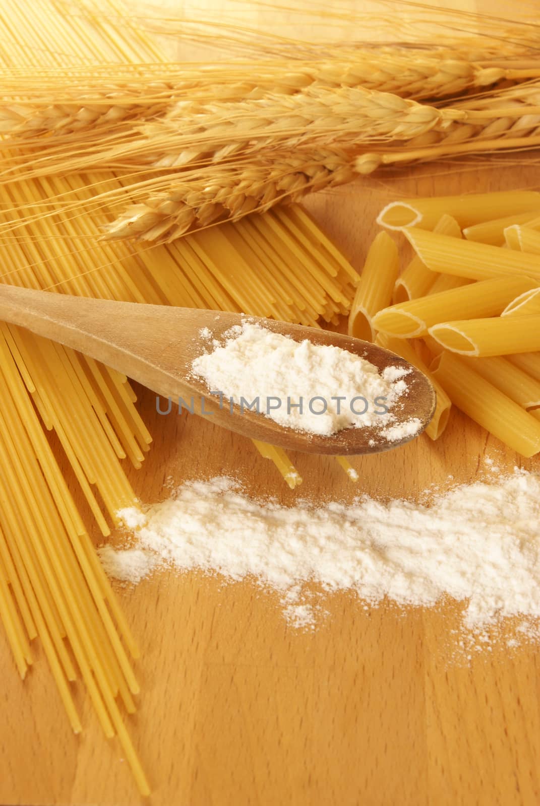 A photo of pasta and wheat up close in the kitchen.