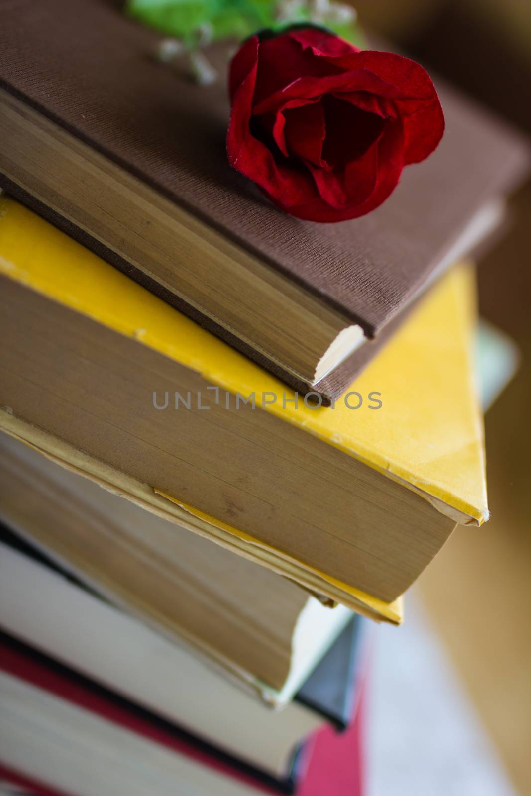 Closeup of stacked old books and textbook