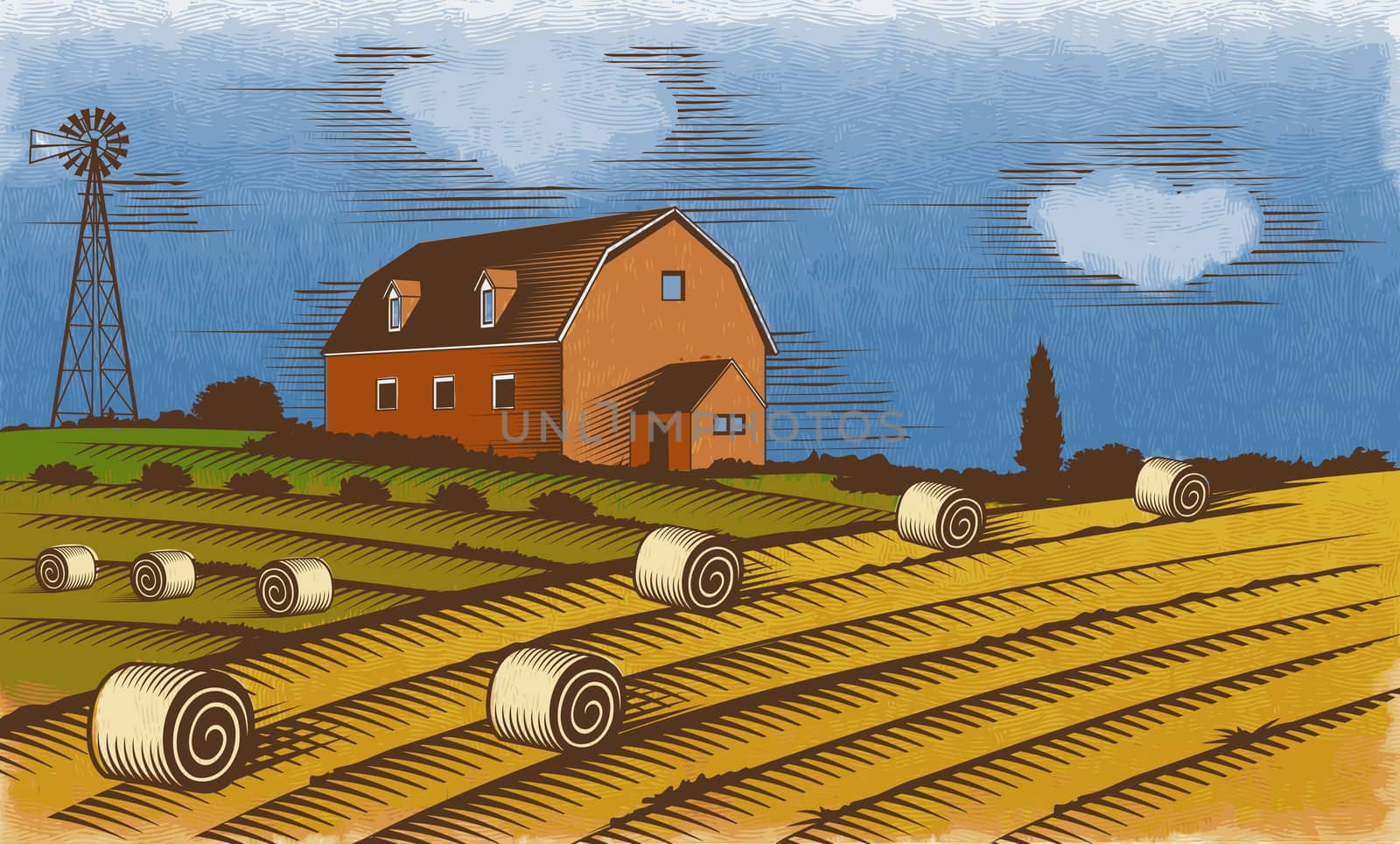 Farm landscape. Stylized engraved color illustration.