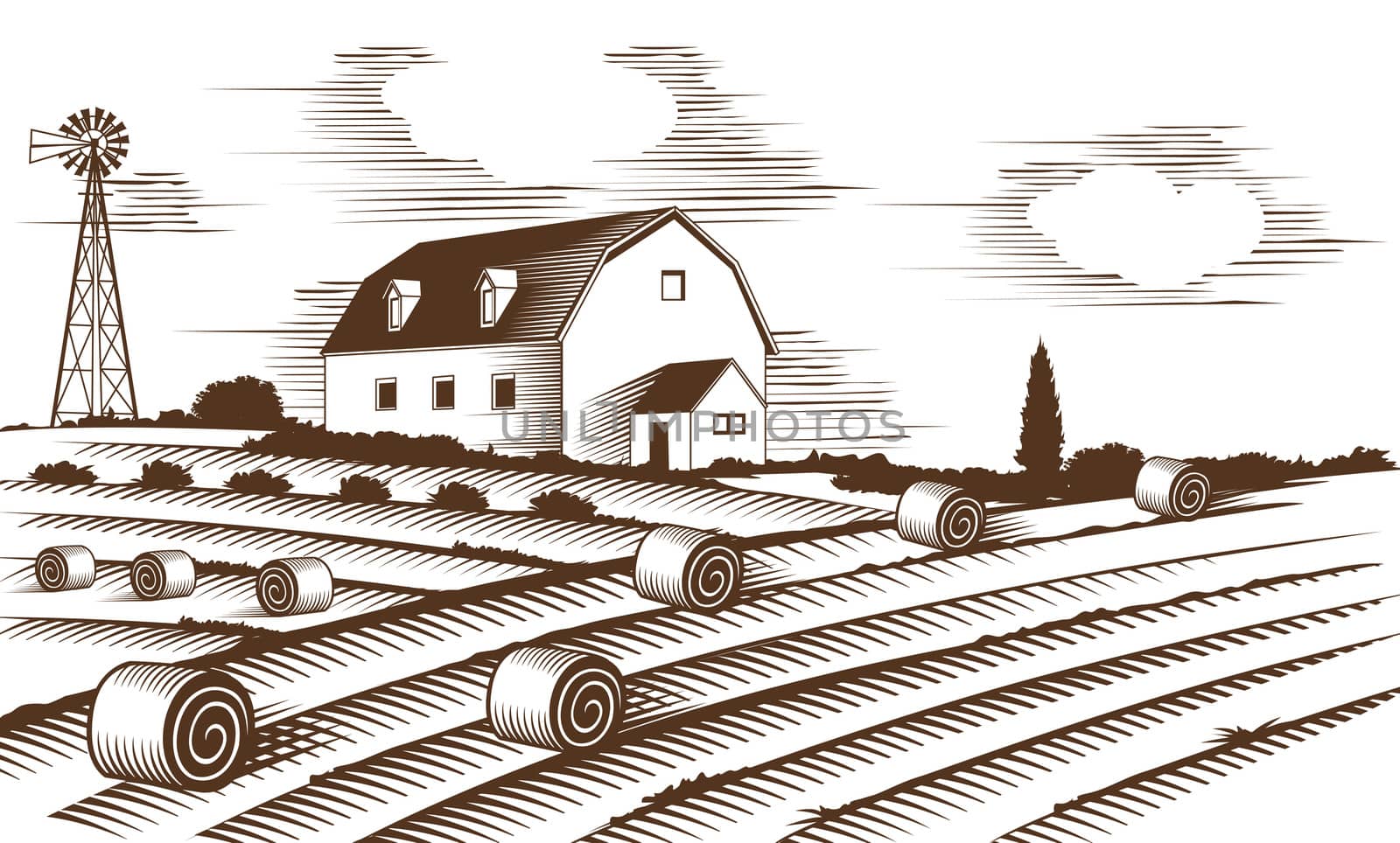 Farm landscape. Stylized engraved illustration.