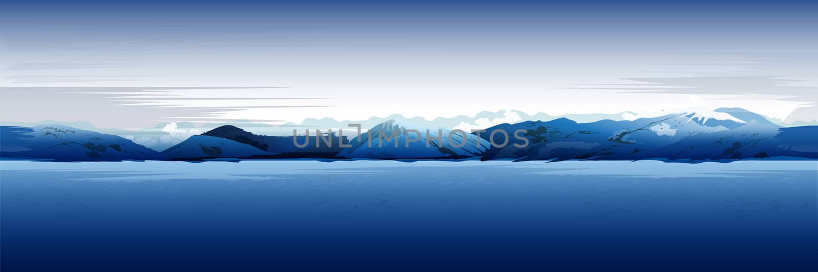 Sea And Mountains, Blue  Background by ConceptCafe