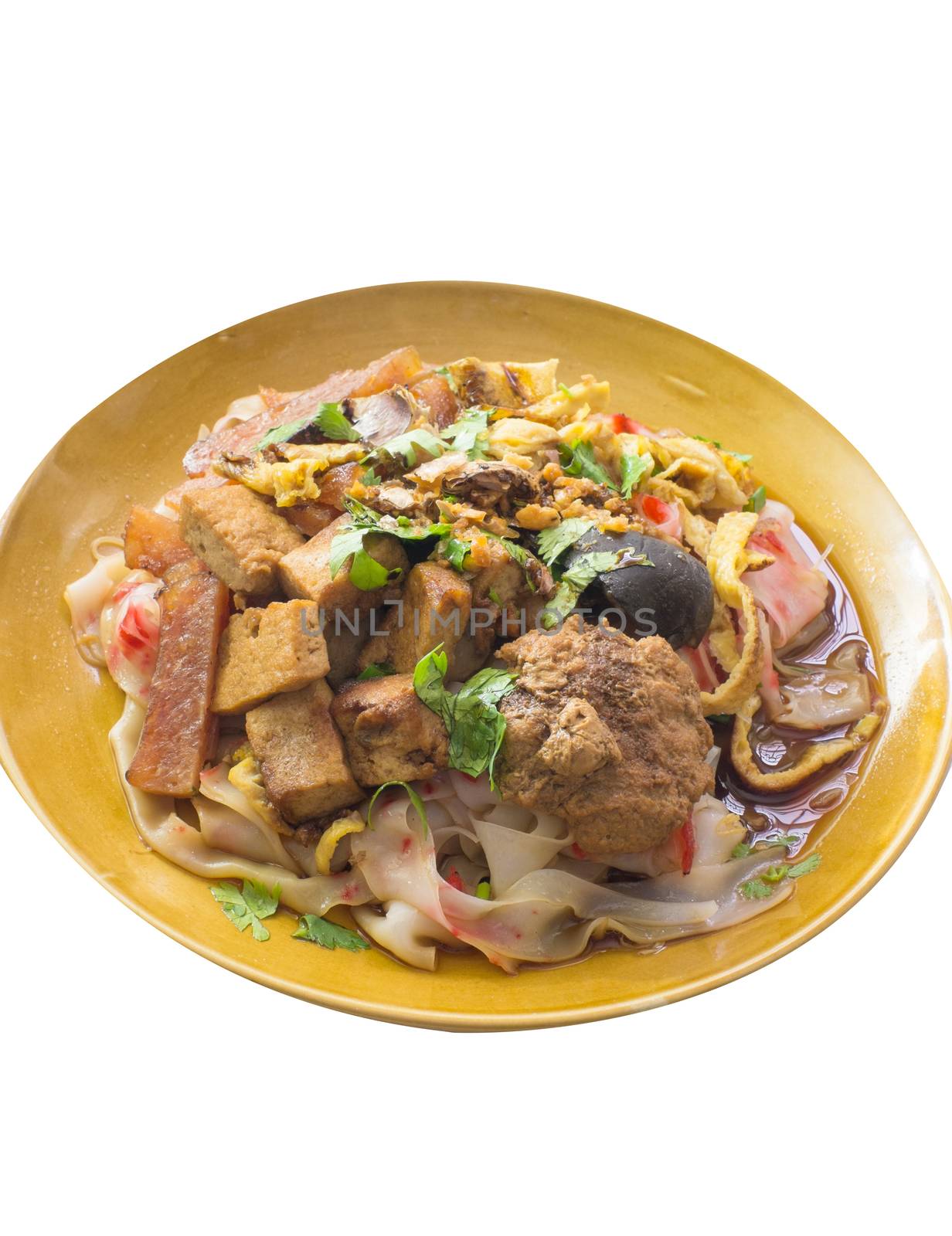 china noodle mixed with egg, sausage, pork, mushroom and tofu