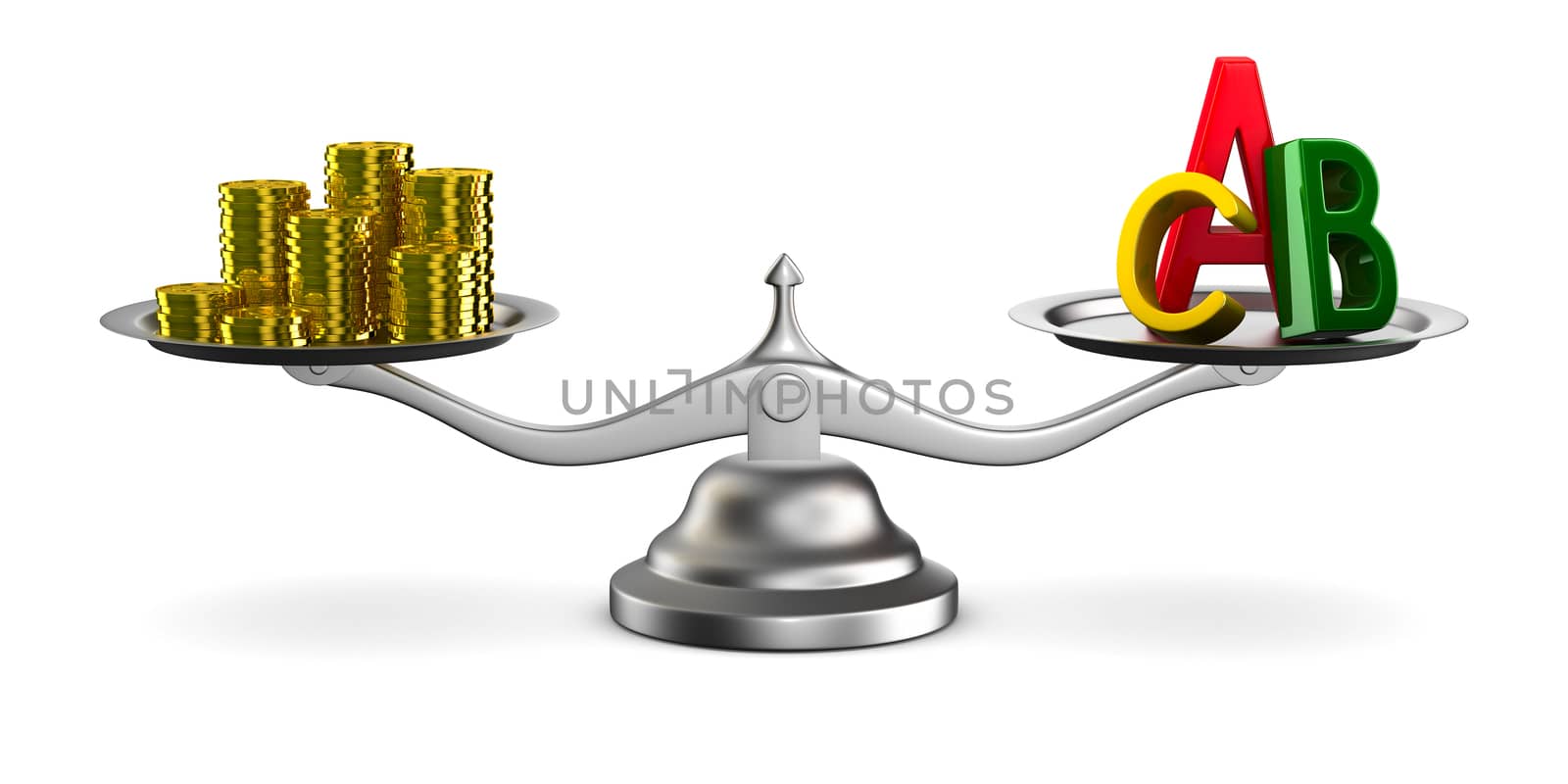 Money and letters on scales. Isolated 3D image