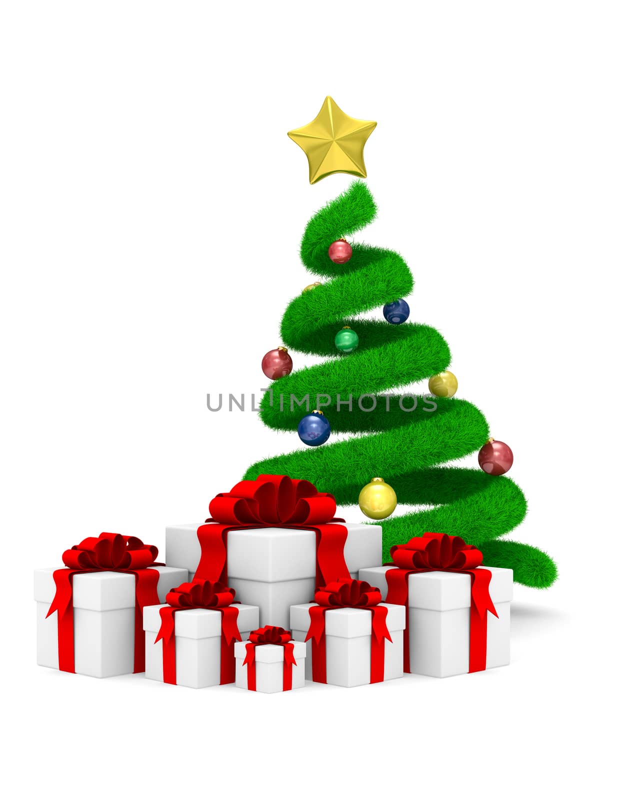 Christmas tree and gift box on white. Isolated 3d image