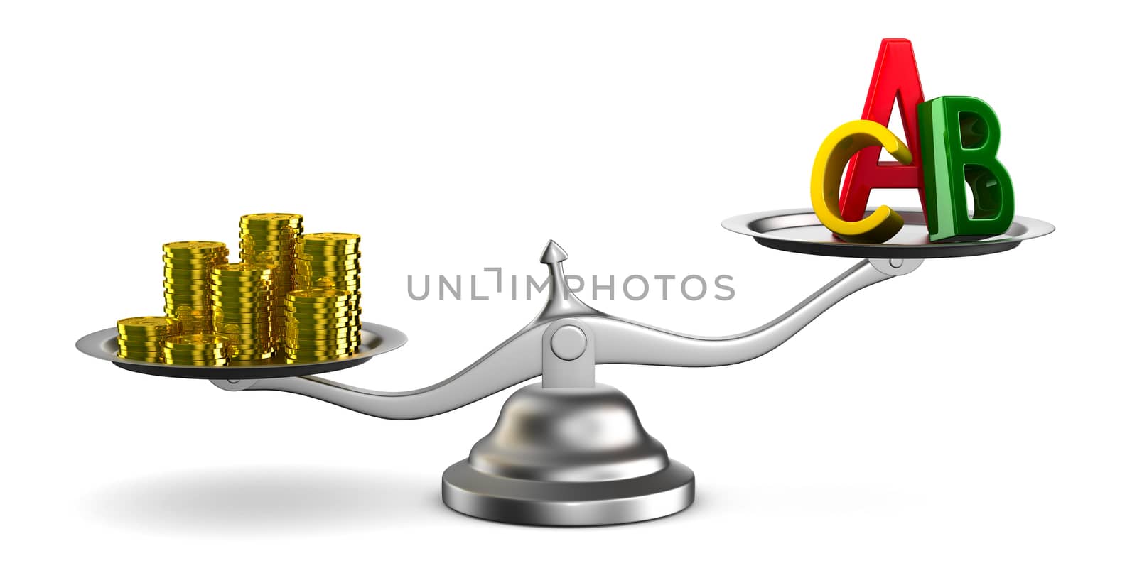 Money and letters on scales. Isolated 3D image