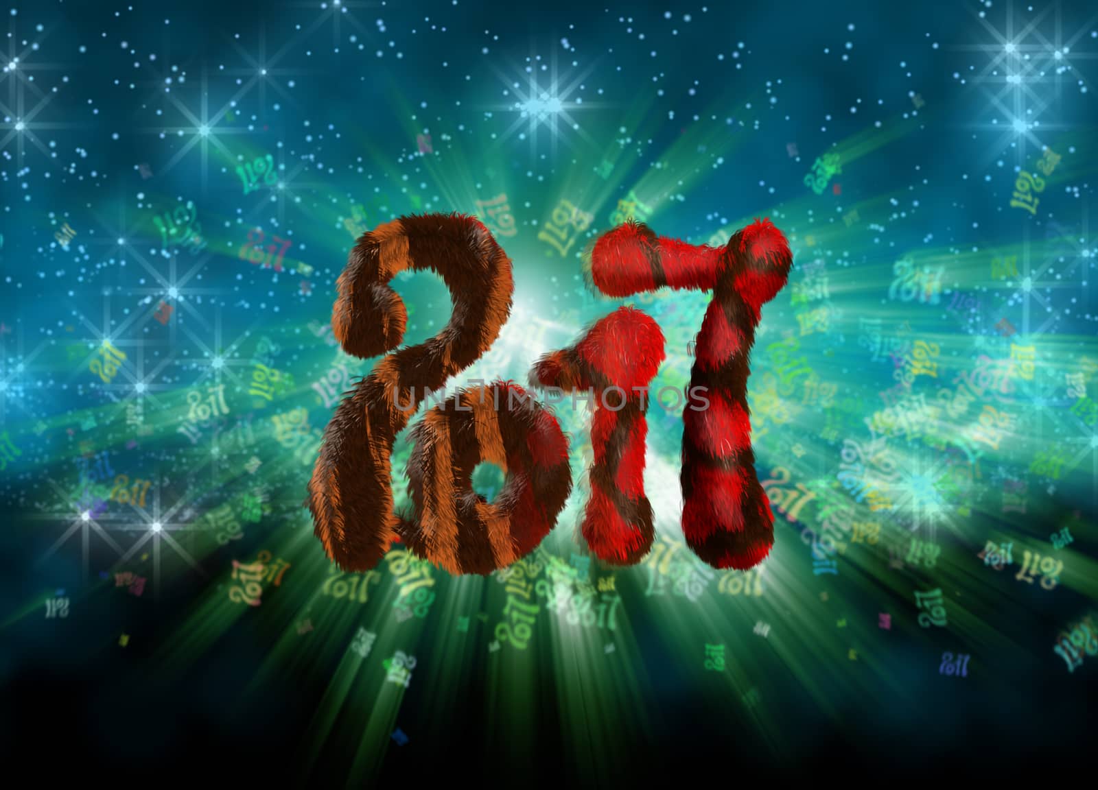 Happy new year 2017 isolated furry numbers on bright bokeh background full of flying digits 3d illustration by skrotov