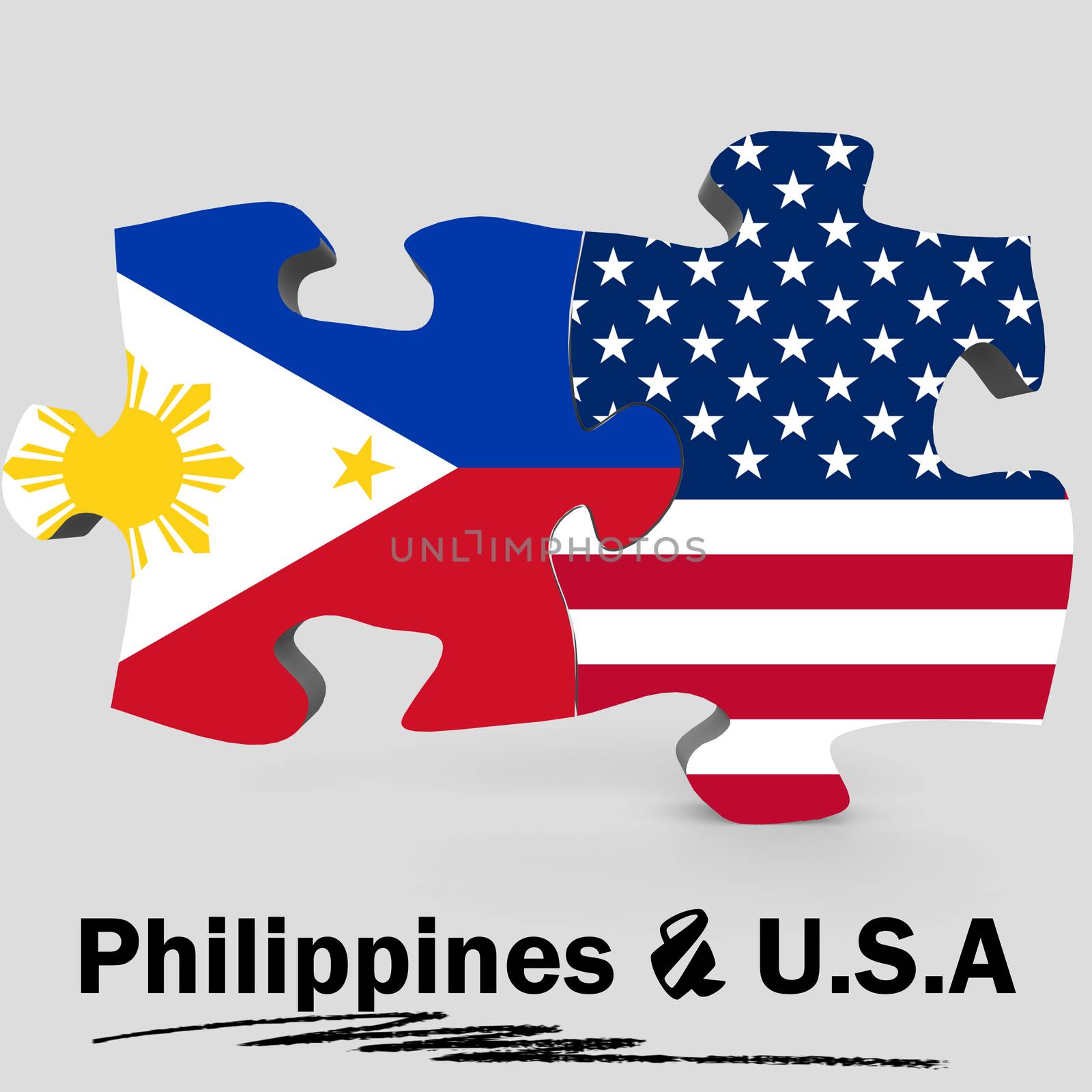 USA and Philippines Flags in puzzle isolated on white background, 3D rendering