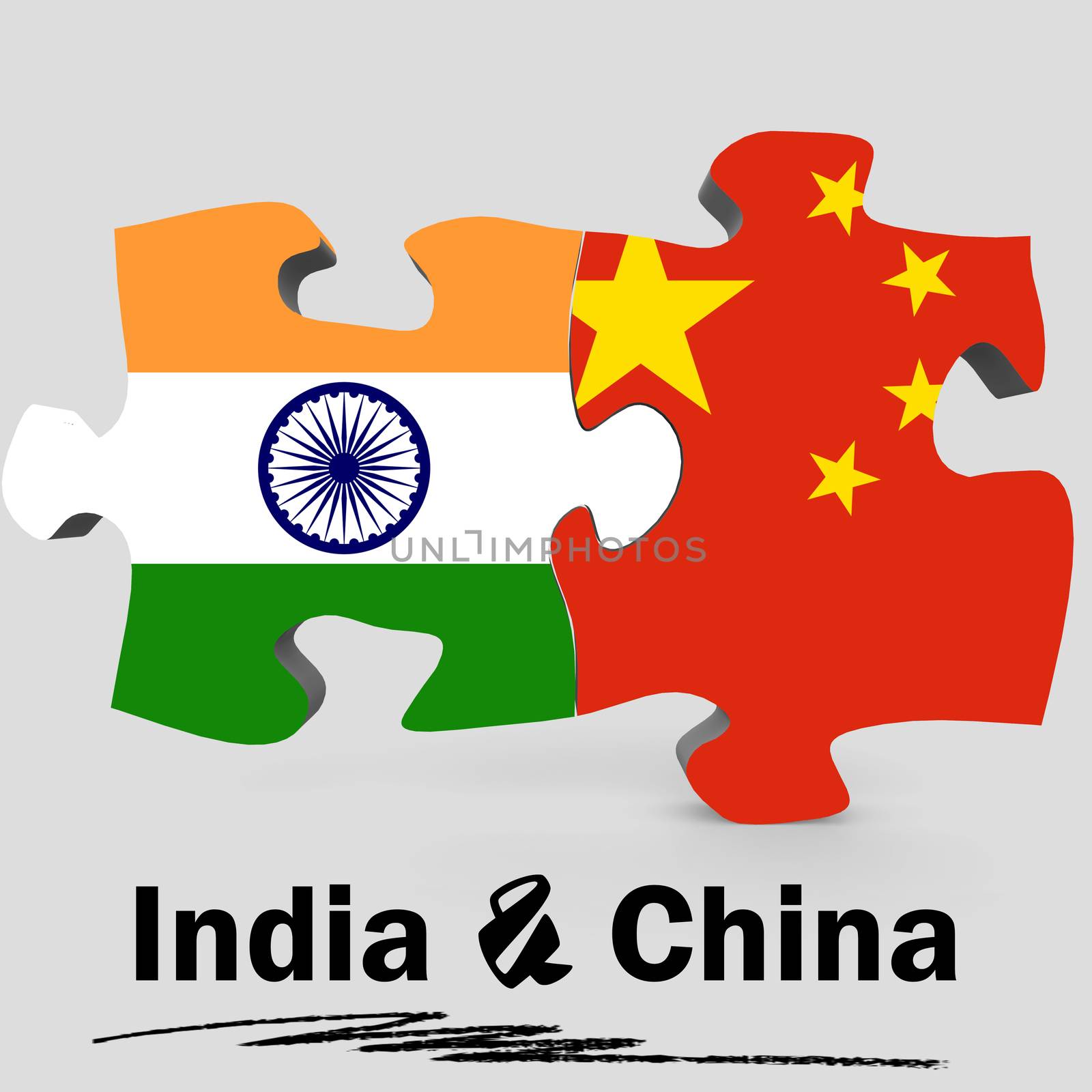 China and India Flags in puzzle isolated on white background, 3D rendering