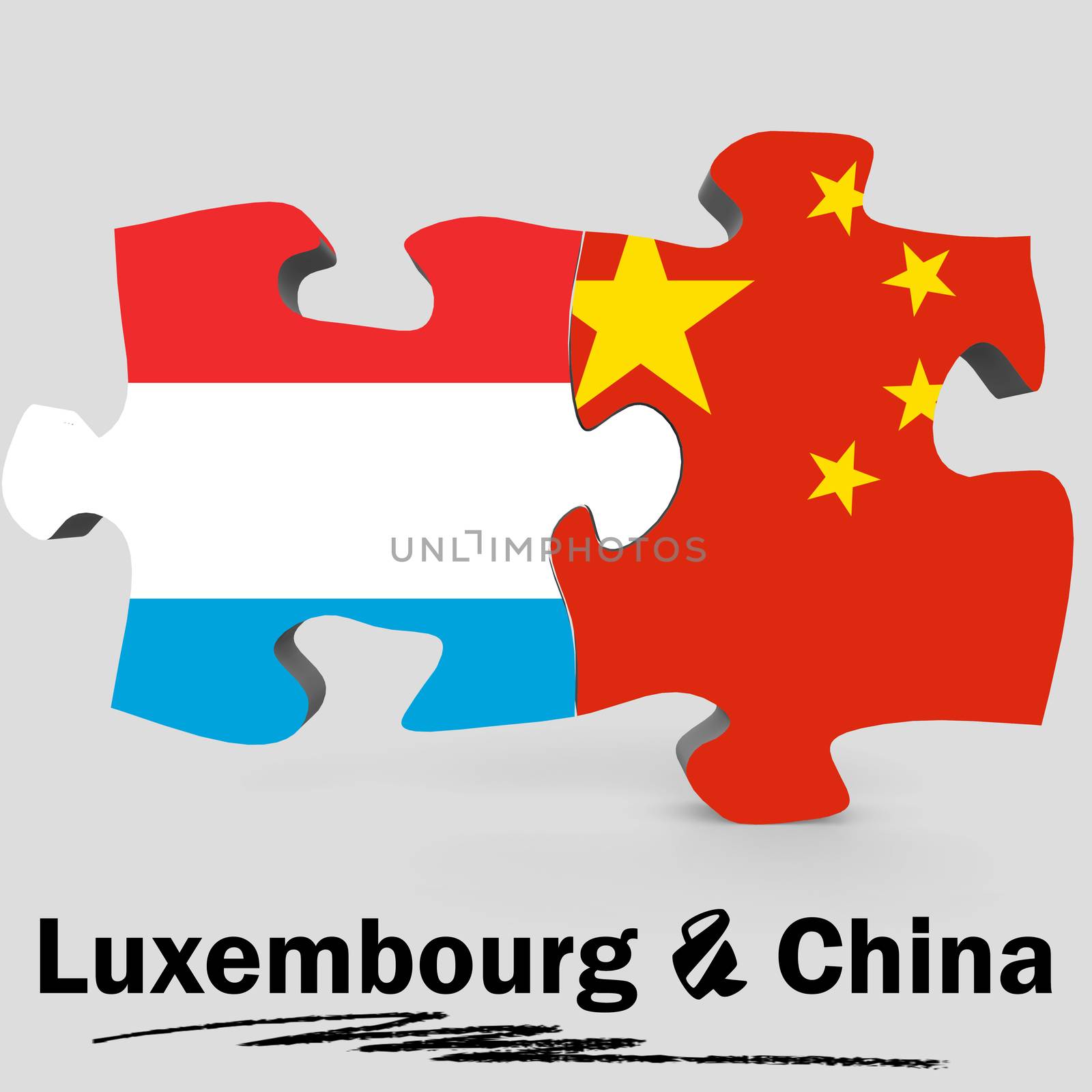 China and Luxembourg Flags in puzzle isolated on white background, 3D rendering