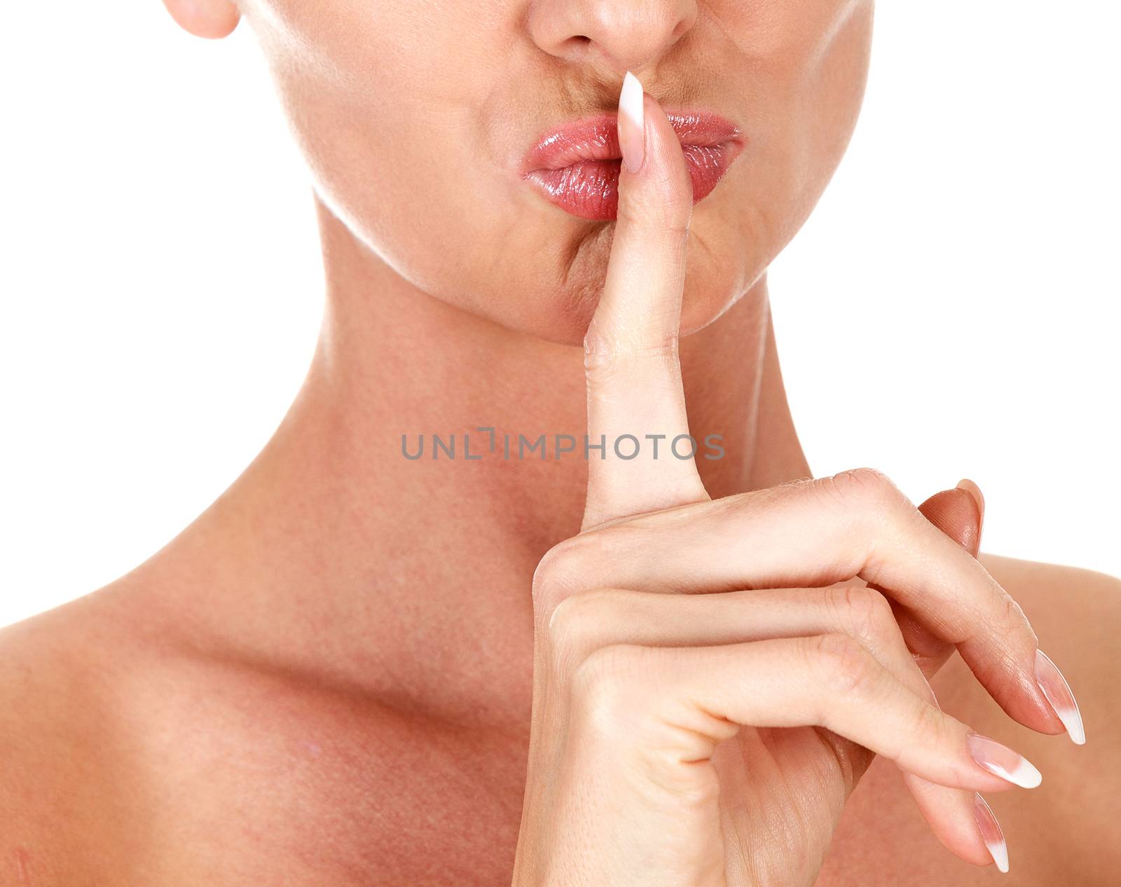 Lady asks for silence, isolated on white background