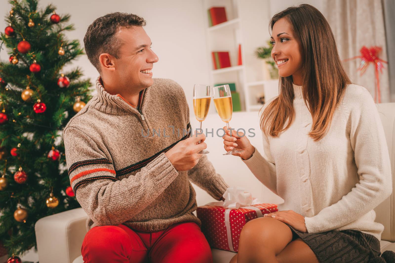 Romantic young couple toasting with champagne home interiors at christmas time.