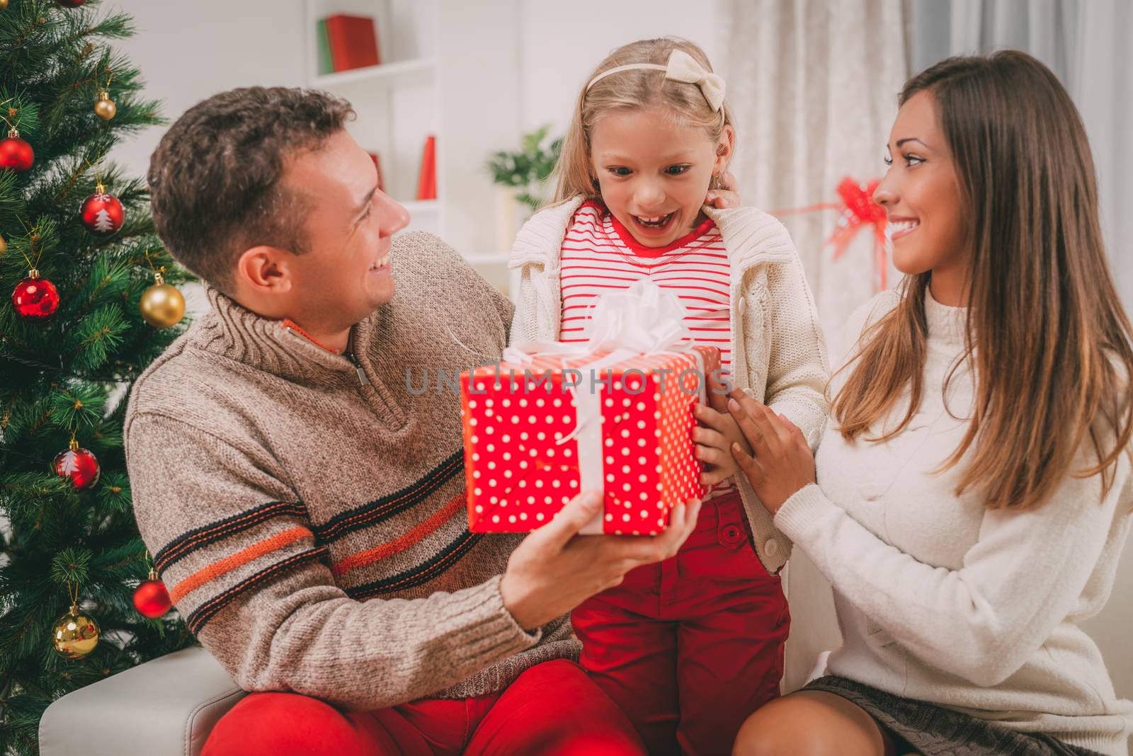 Cheerful parent surprise their cute little girl with present for Christmas or New Year. 