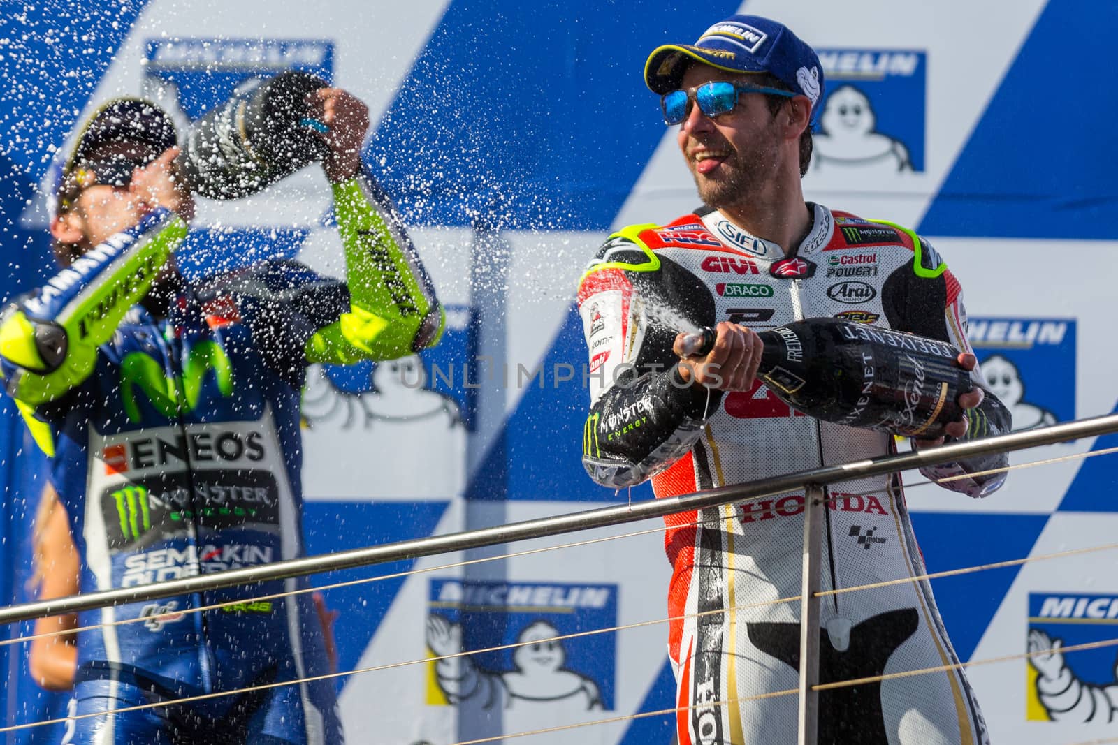 MELBOURNE, AUSTRALIA – OCTOBER 23: Cal Crutchlow on the podium spraying Champaign during the 2016 Michelin Australian Motorcycle Grand Prix  at 2106 Michelin Australian Motorcycle Grand Prix , Australia on October 23 2016. Photo: Dave Hewison