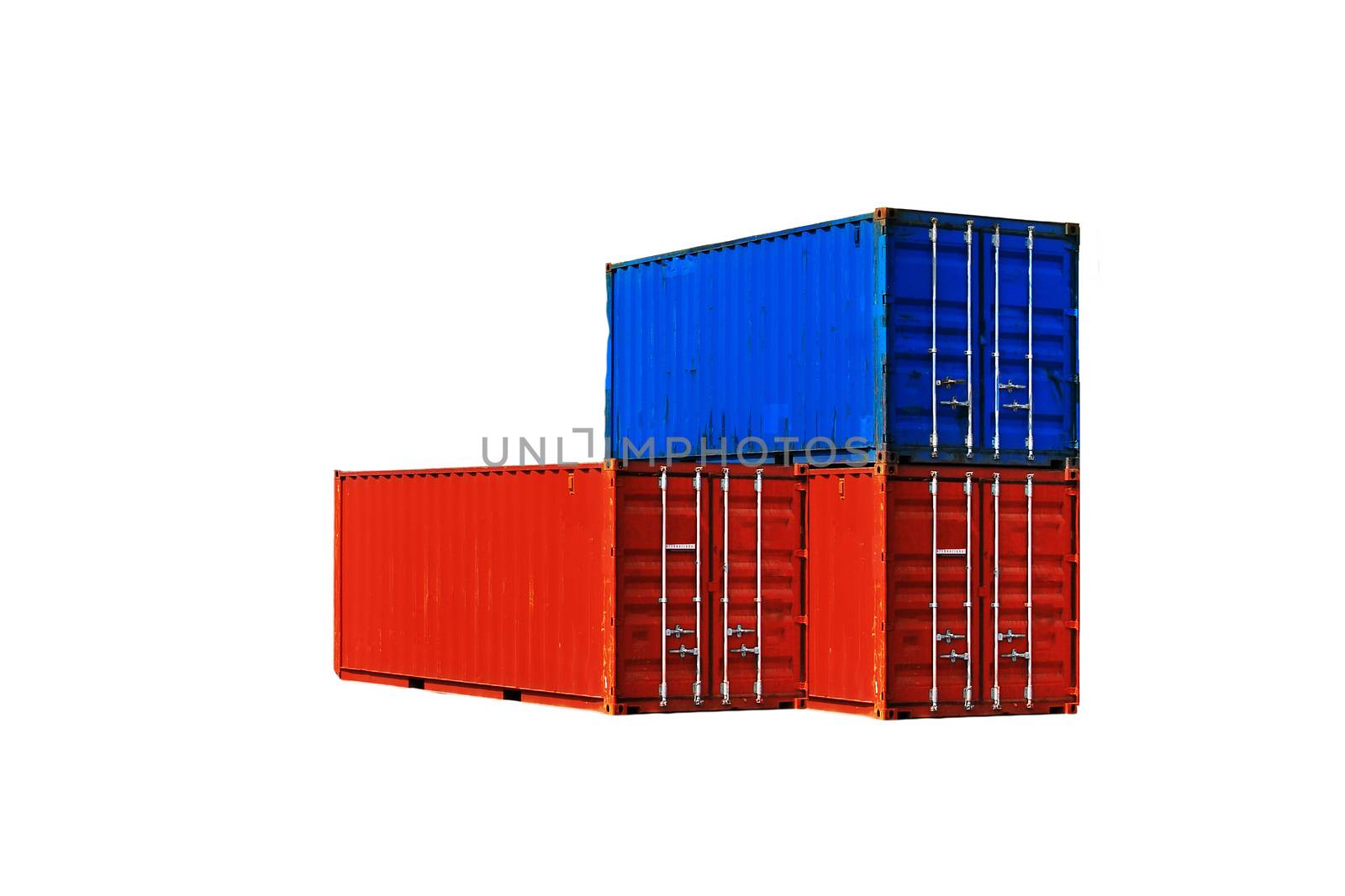 Three different colored sea containers isolated on white background.