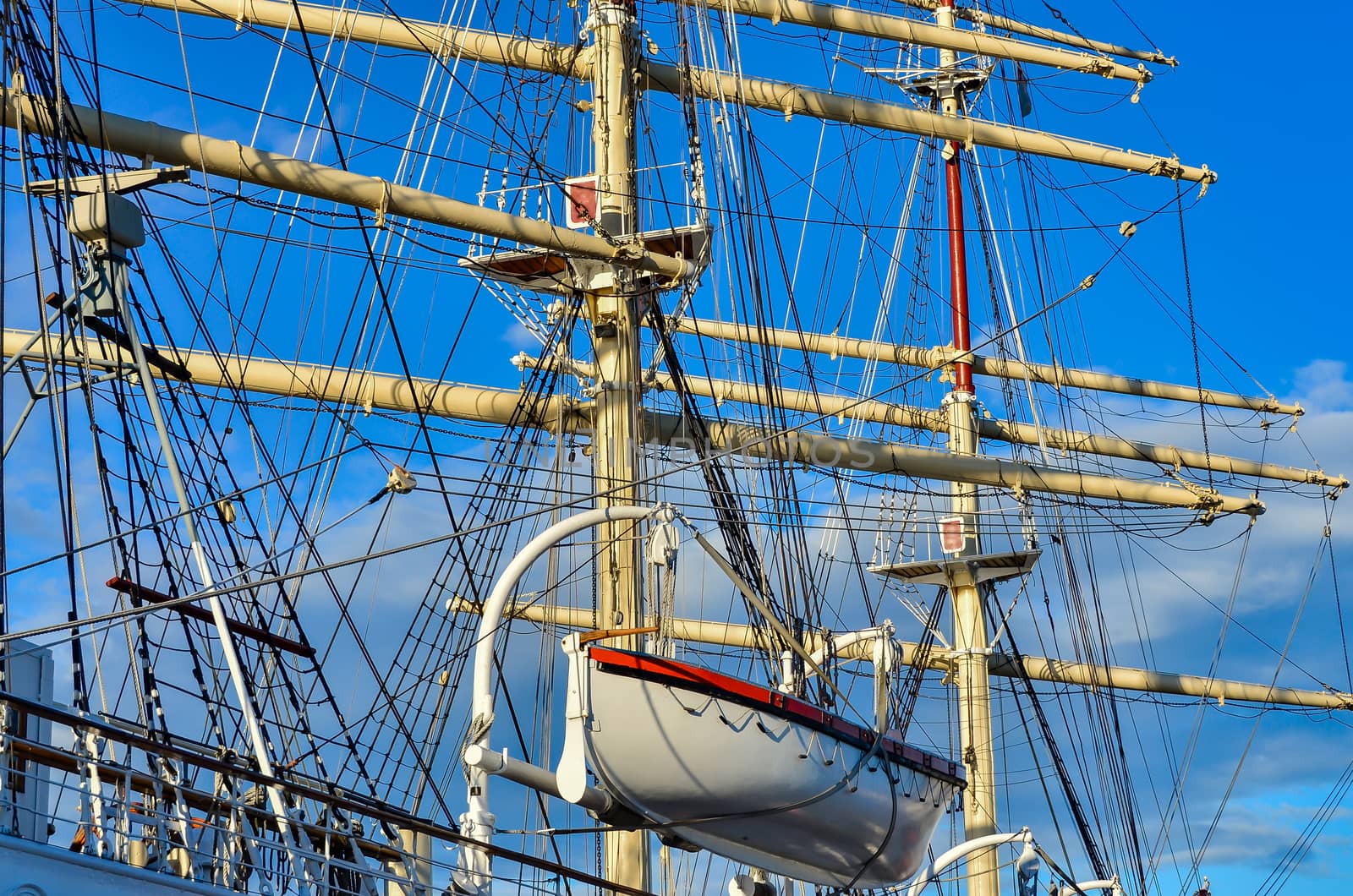 Crows nest, mast, and canvas sails can be seen in this closeup detail of an old time tall wooden sailing ship.
