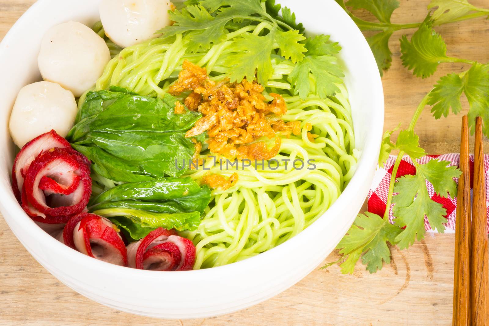 Noodles in Thailand Ba-Mee-Moo-Dang  or pasta of Asia on wooden table.Close up and top view.0021 by engphoto