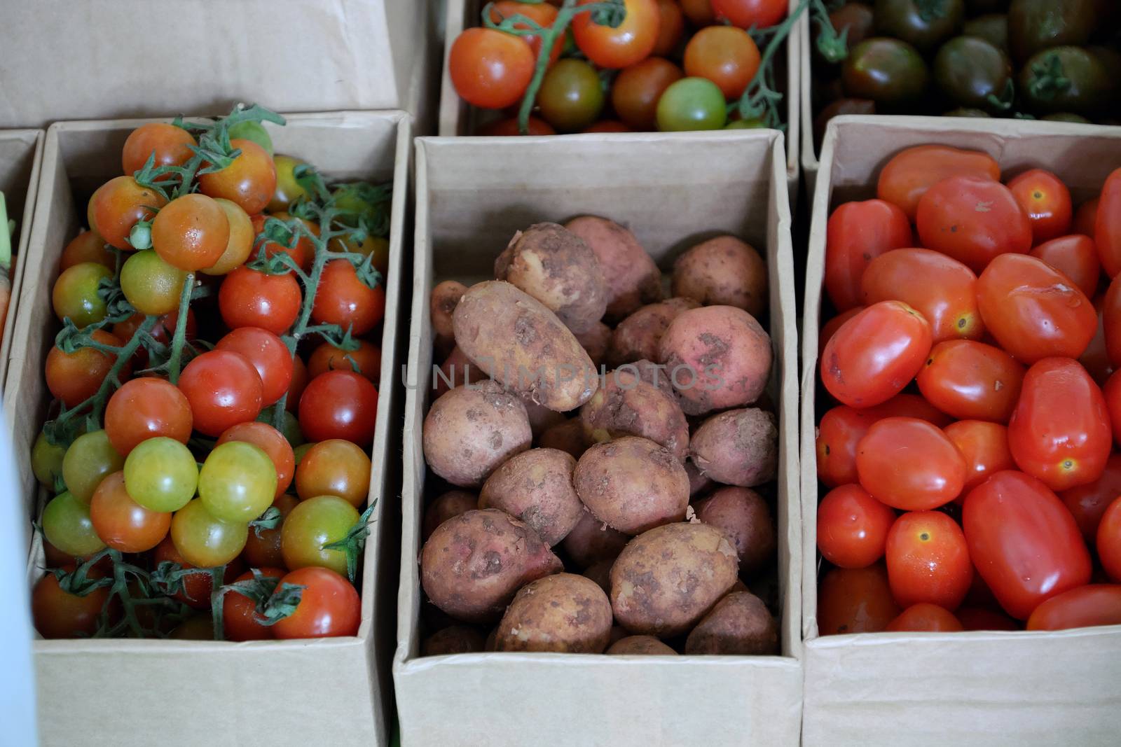 Basket of clean vegetable, tomato, potato show at safety agriculture fair, Vietnam agricultural product, rich vitamin a, c, good for health and organic farming