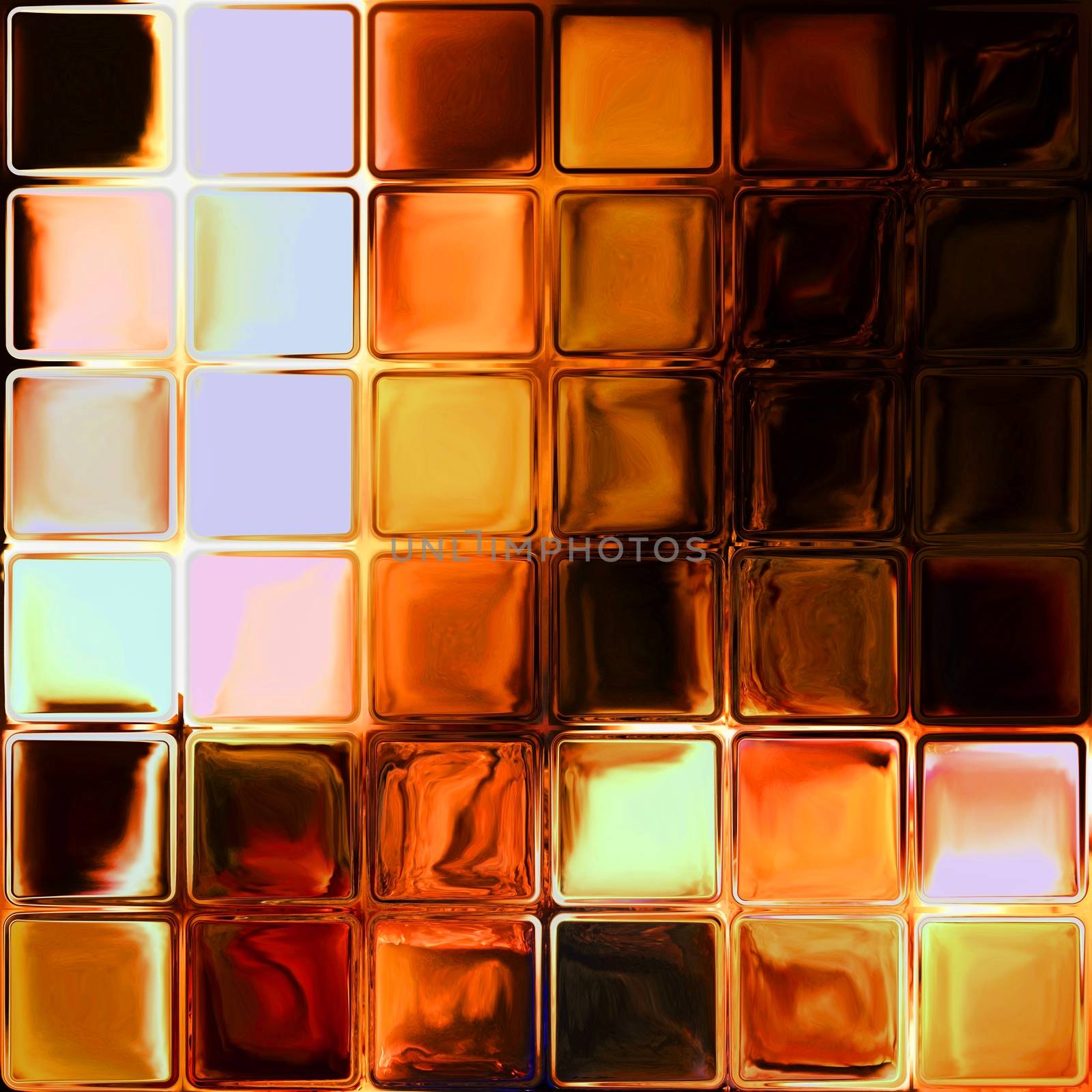 Orange tiles from the shiny glass blocks. Tiles mosaic with fire texture. Burning fire behind the glass tiles.  