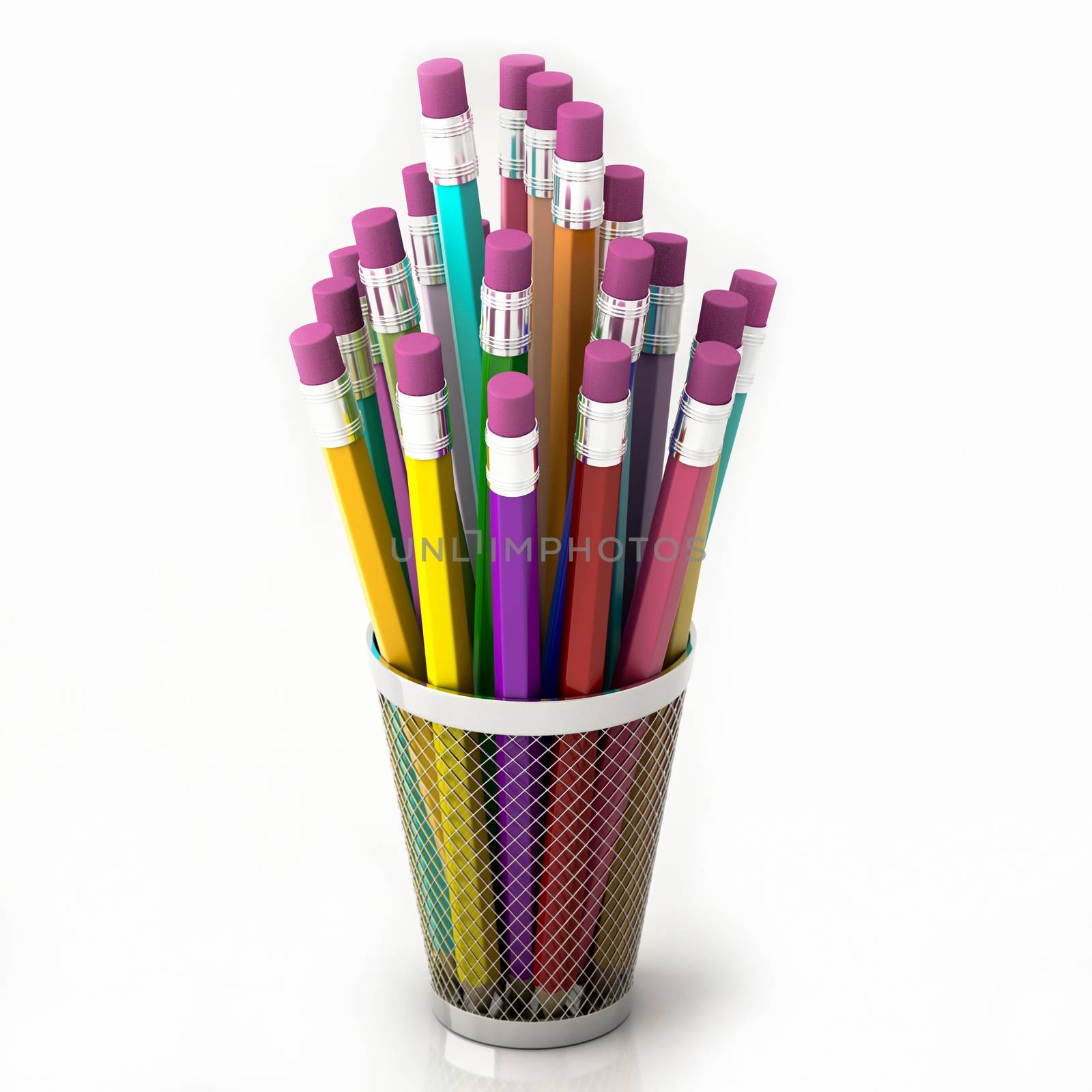 colored pencils in basket isolated on white background 3d illustration