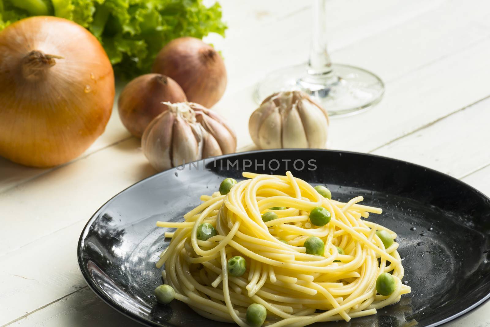 Spaghetti or pasta and ingredient on white table.Close up1