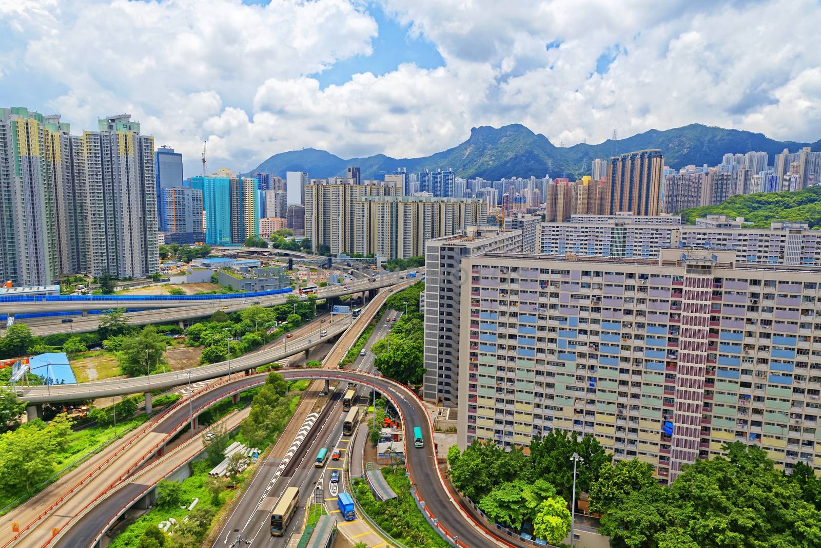 hong kong public estate buildings with landmark lion rock