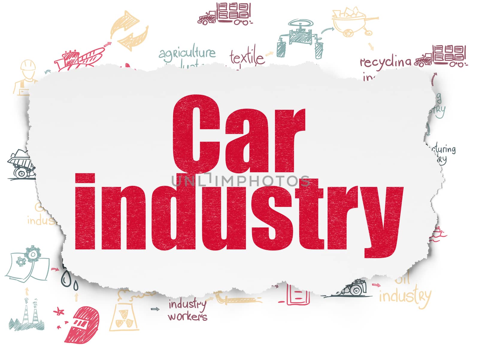 Manufacuring concept: Painted red text Car Industry on Torn Paper background with Scheme Of Hand Drawn Industry Icons
