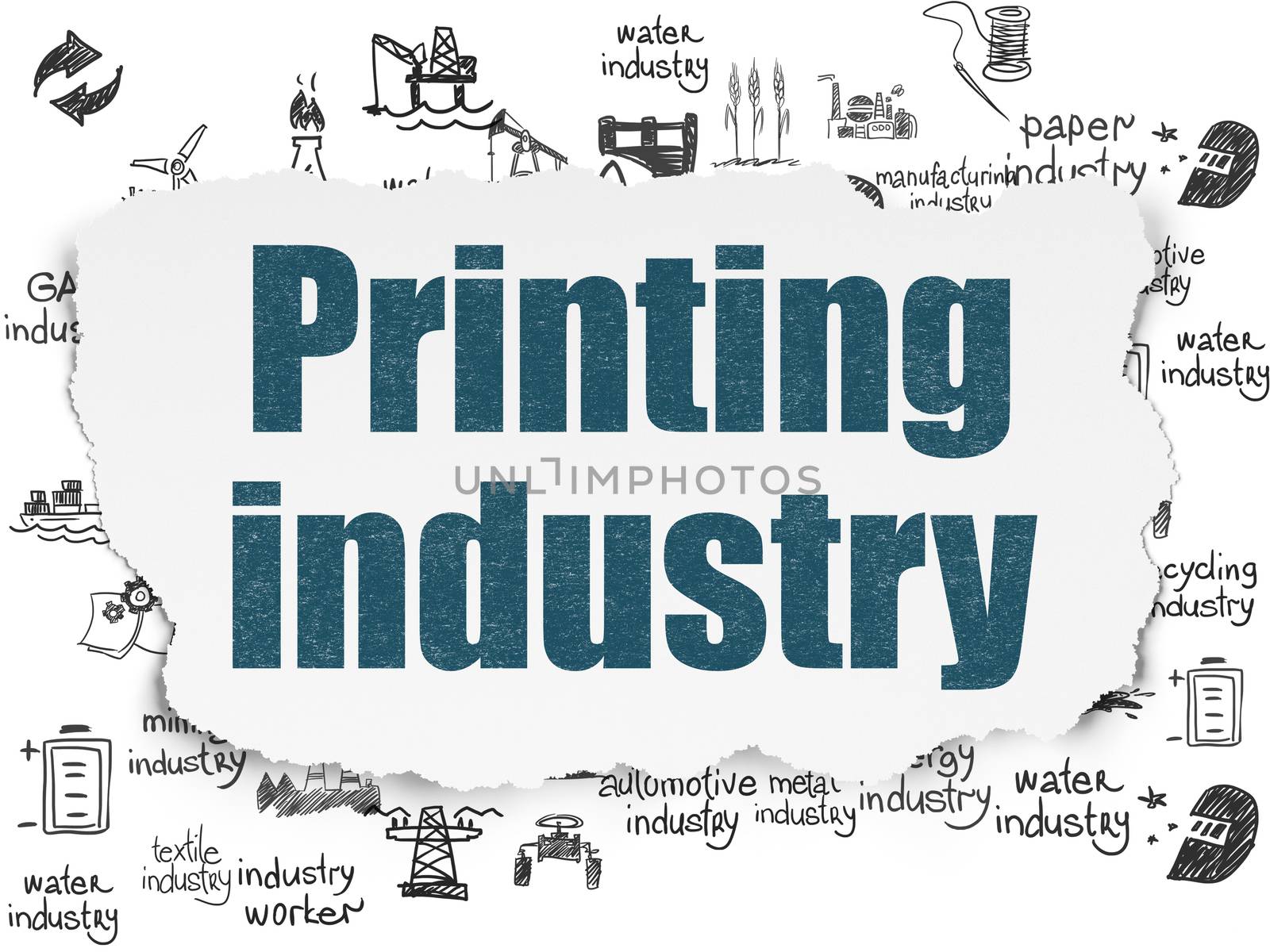 Manufacuring concept: Painted blue text Printing Industry on Torn Paper background with  Hand Drawn Industry Icons