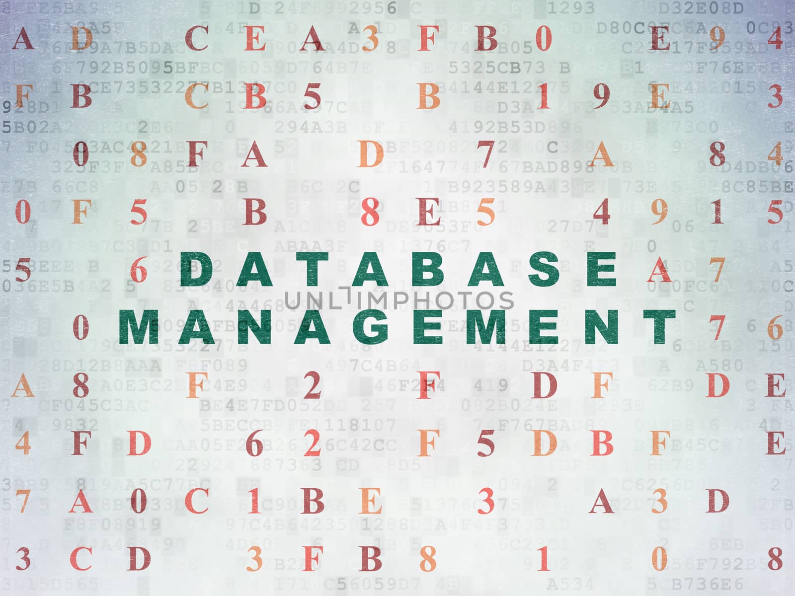 Software concept: Painted green text Database Management on Digital Data Paper background with Hexadecimal Code